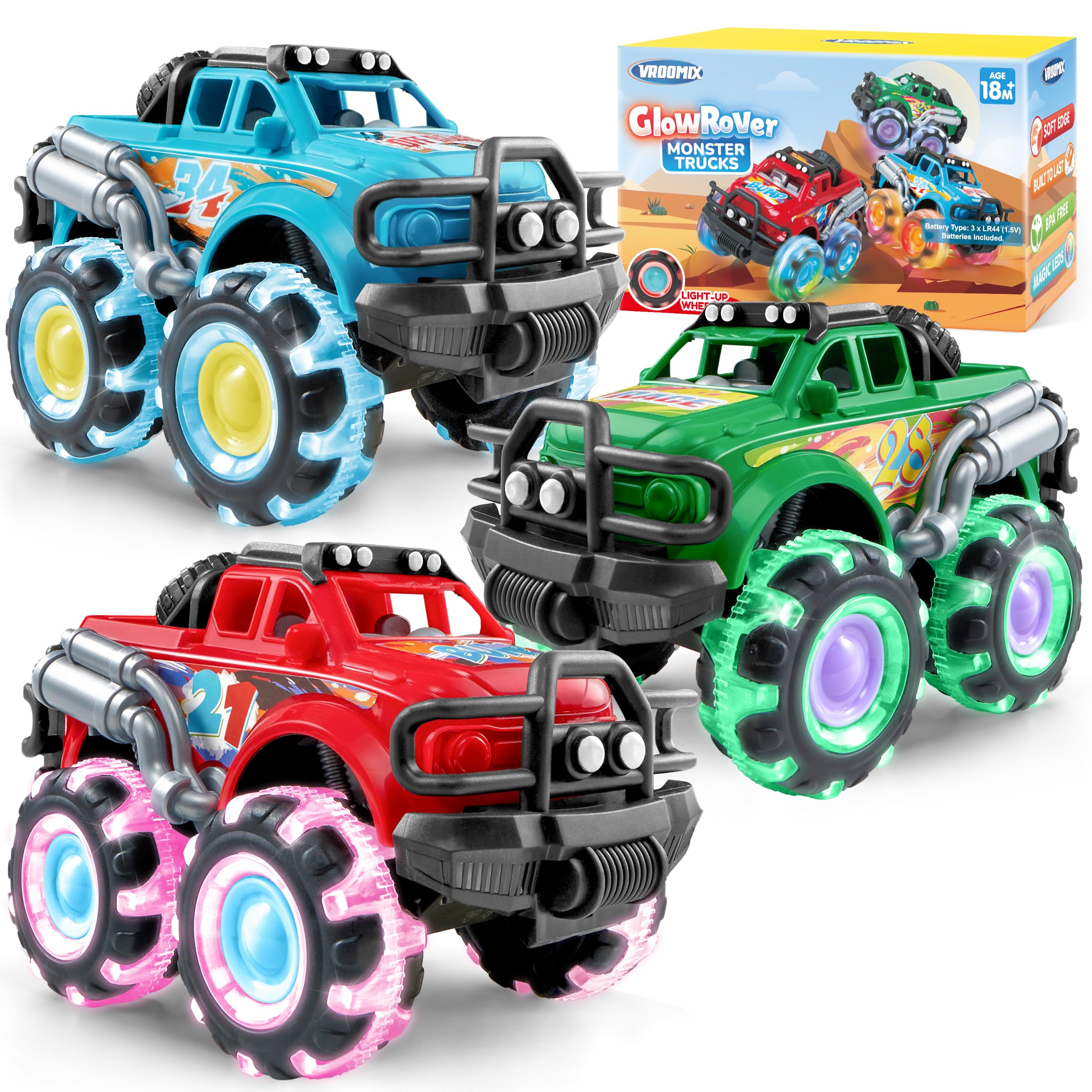3 Pack Monster Truck Toy - Toy Truck with Flashing LED Wheels - Light-Up Friction-Powered Cars for Kids - Boys Girls Birthday Gift