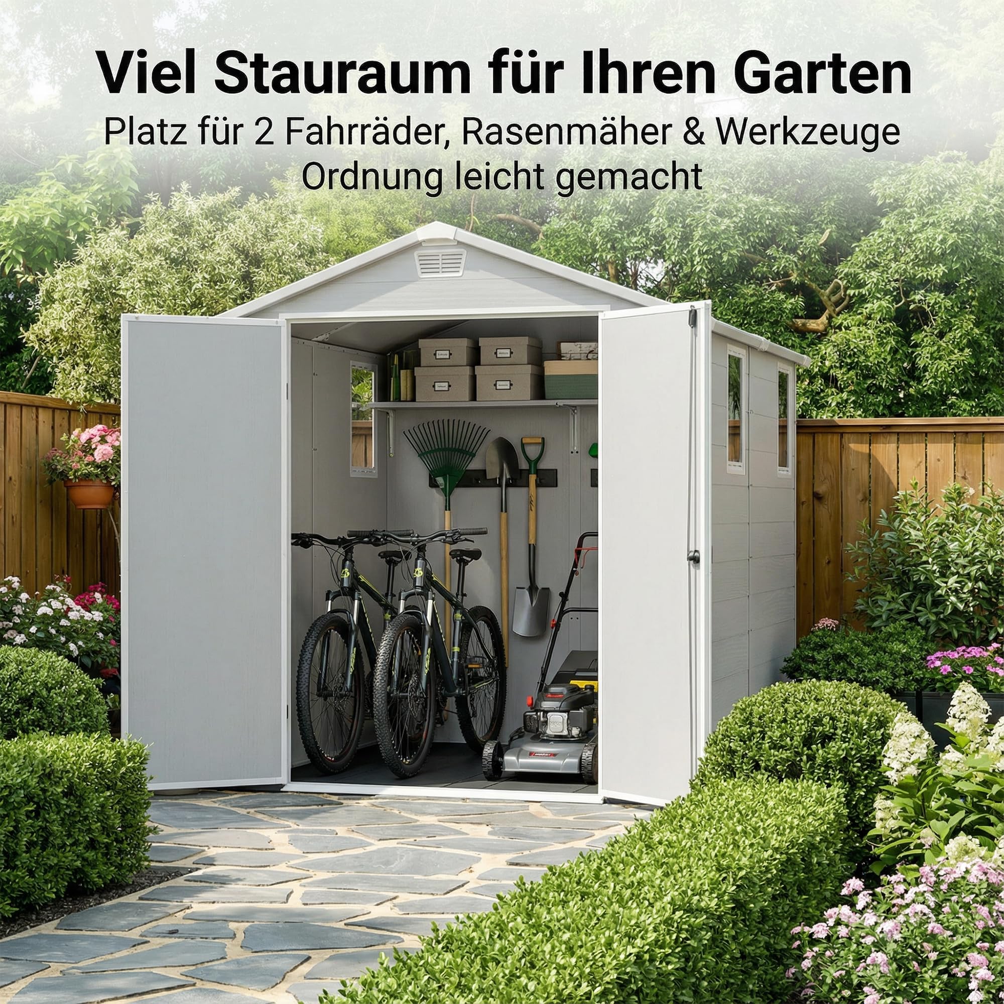 JUMMICO 6x8 XXL Gartenhaus, 9,4m³ Kunststoff-Geräteschuppen mit Boden, 185x240x210 cm, Wetterfest & Frostsicher, Ideal für Fahrräder, Rasenmäher, Gartengeräte, Hellgrau