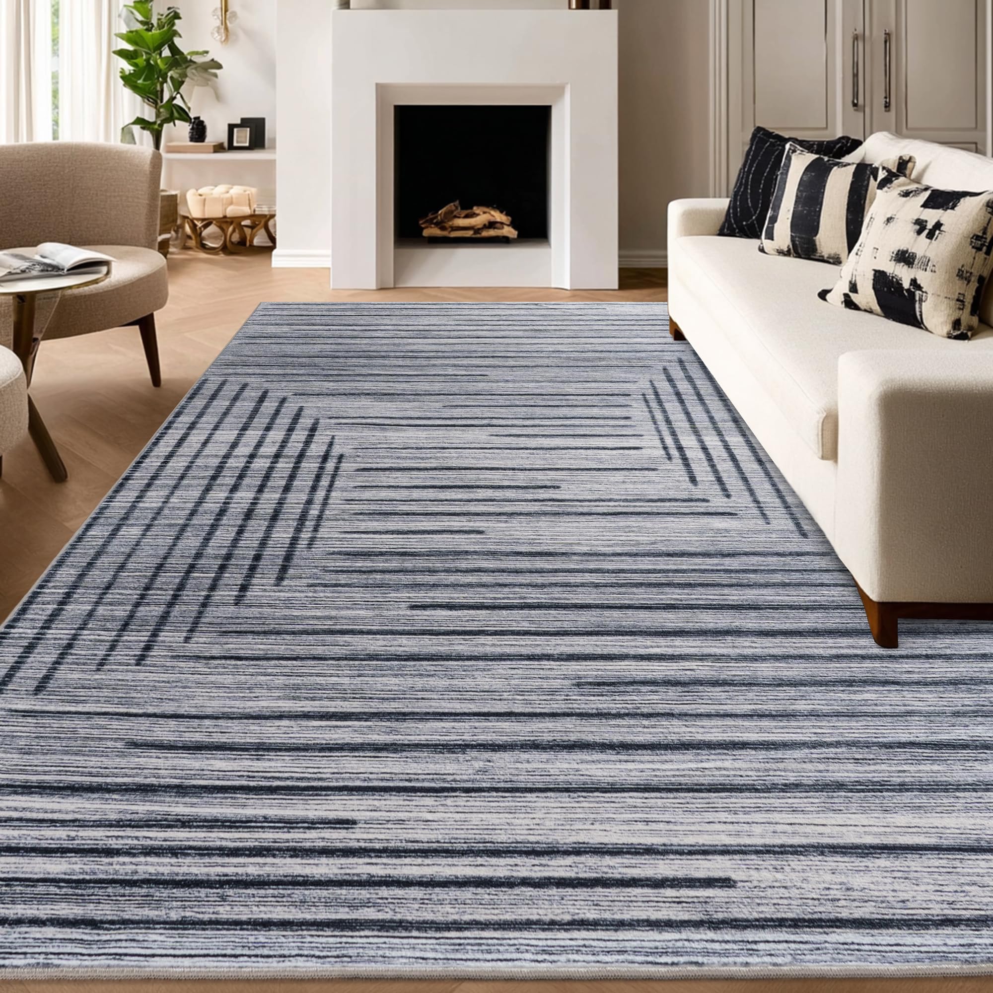 Calinline Teppich Grau, Moderne Abstraktem Linien Muster Wohnzimmerteppich, Kurzflor Schlafzimmer Wohnzimmer, 80x150 cm Waschbare Teppiche, Groß Esszimmer Carpet Wollteppich Weich