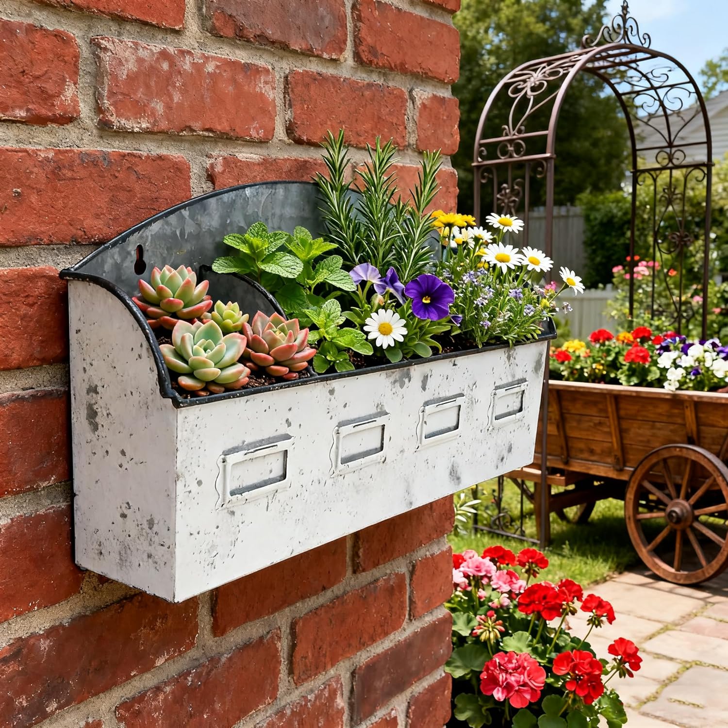 Vintage Galvanized Metal Wall Planter, Distressed White Hanging Flower Pot with 4-Compartment for Succulents, Herbs, Indoor Outdoor Garden Decor