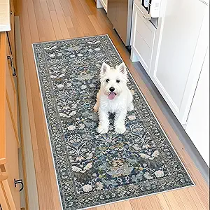 2x5 Decorative Vintage Hallway Runner: Washable Oriental Pet-Friendly Soft Carpet for Bathroom Bedroom Non-Slip Laudry Floor Mat - Low Pile Non-Shedding Rug for Apartments & Homes(2x5,Floral/Blue)