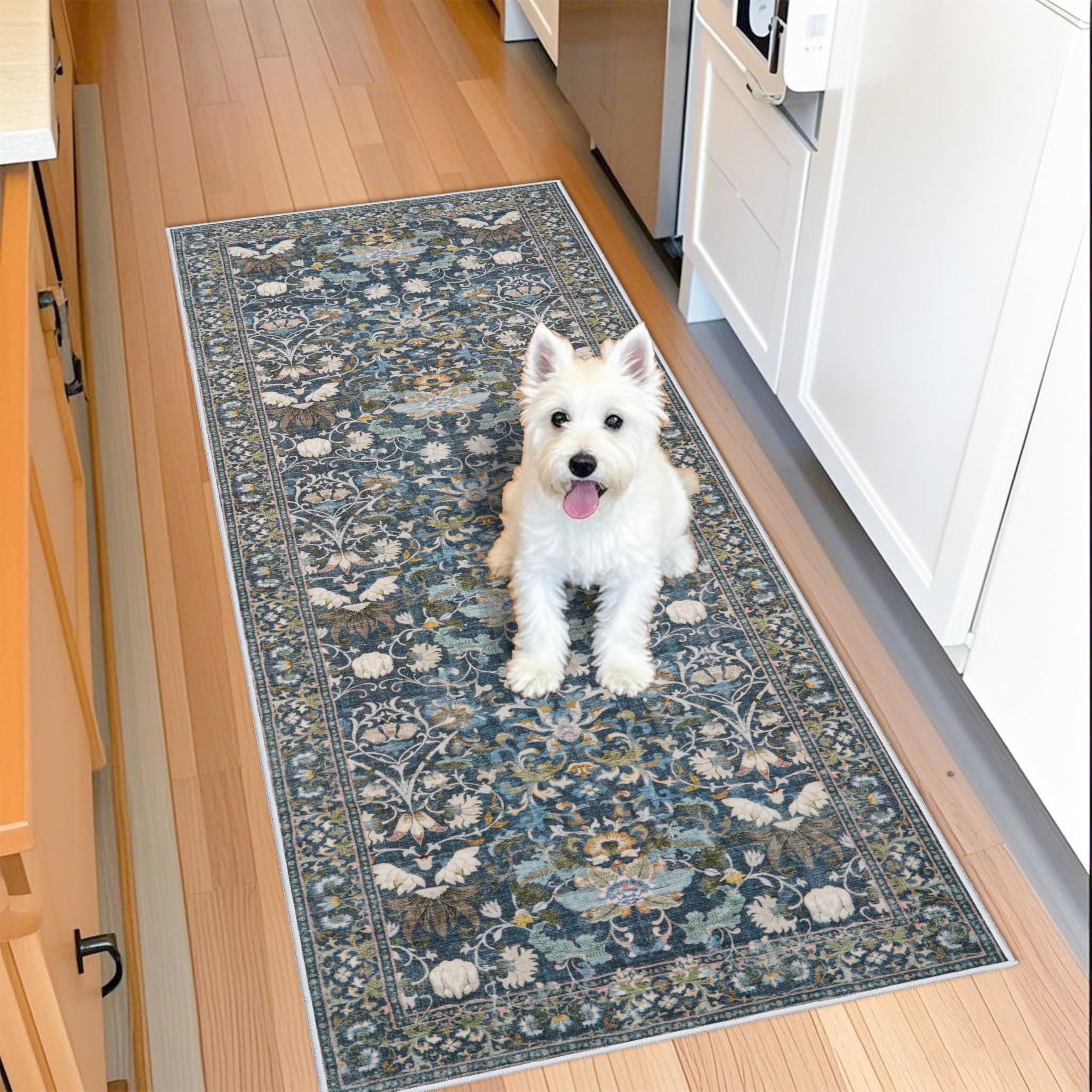 2x5 Decorative Vintage Hallway Runner: Washable Oriental Pet-Friendly Soft Carpet for Bathroom Bedroom Non-Slip Laudry Floor Mat - Low Pile Non-Shedding Rug for Apartments & Homes(2x5,Floral/Blue) — image 1