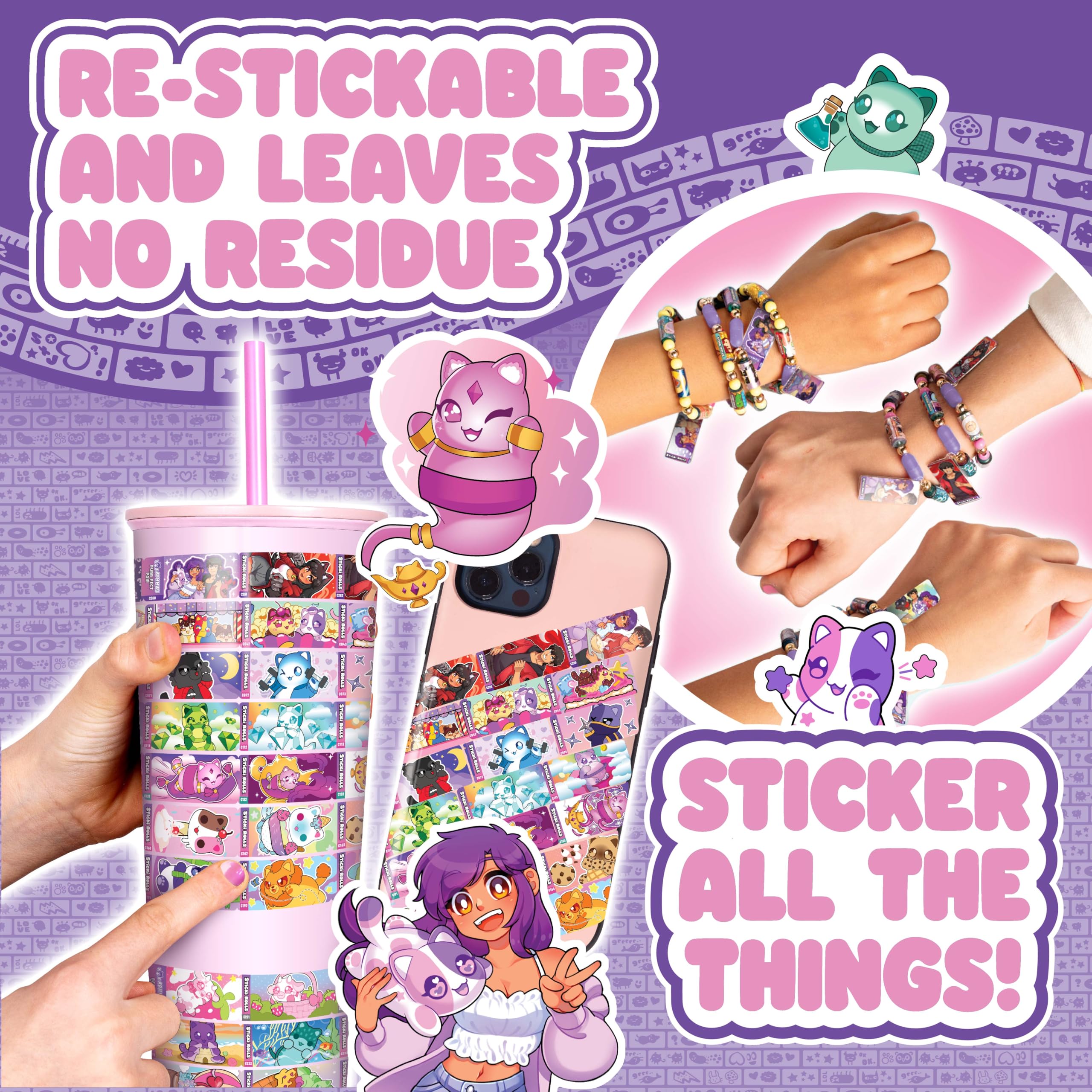 Sticki Rolls x Aphmau Ciondolo & Bracciale Set, Edizione Limitata, Include 120 Adesivi, Ciondolo Olografico Aphmau & Braccialetto, da Collezione Kawaii Divertimento!