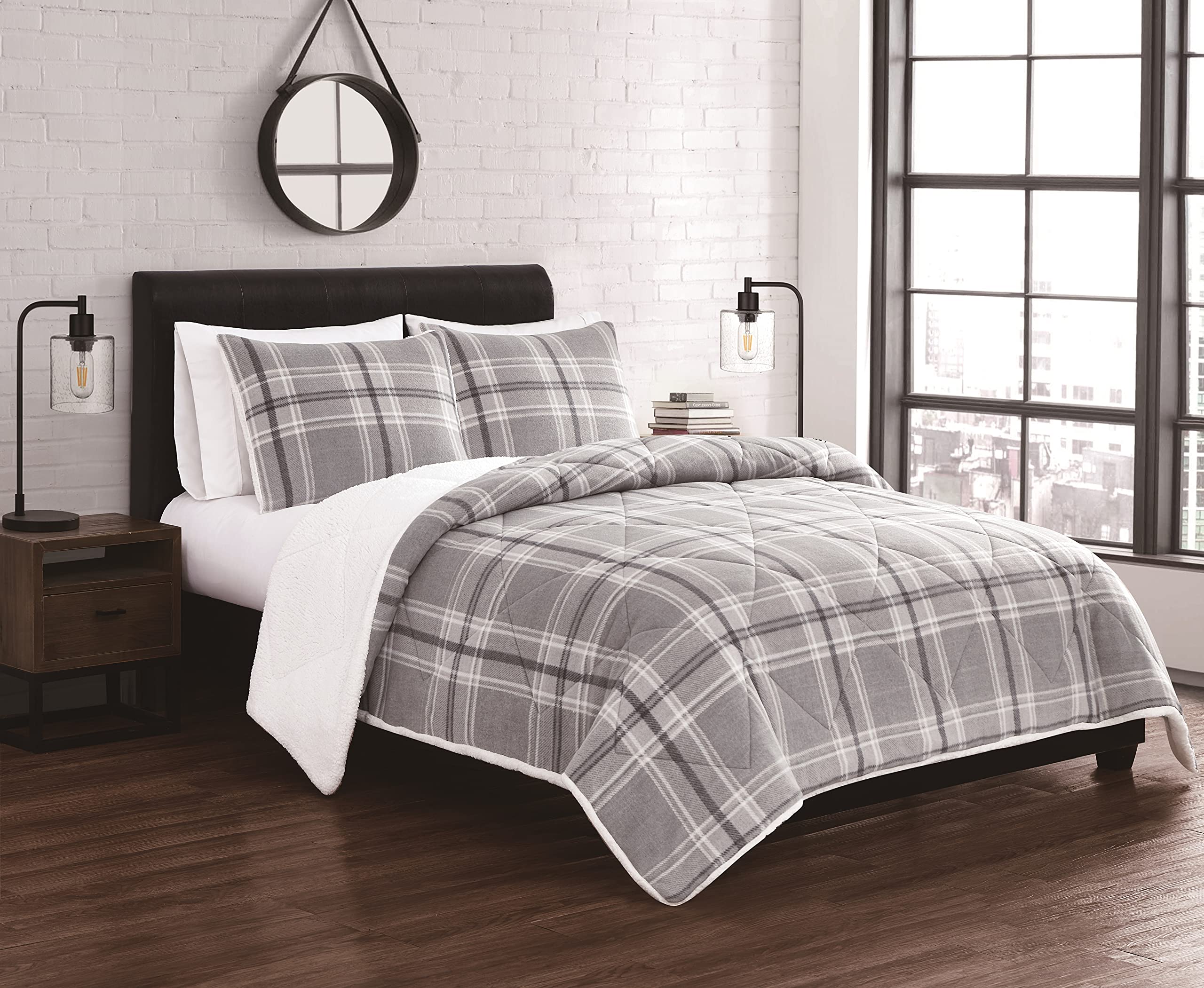 Cannon 3 Piece King Comforter and Sham Set - Cozy Teddy Plaid Collection - Grey, (CS4314GYKG-1500)