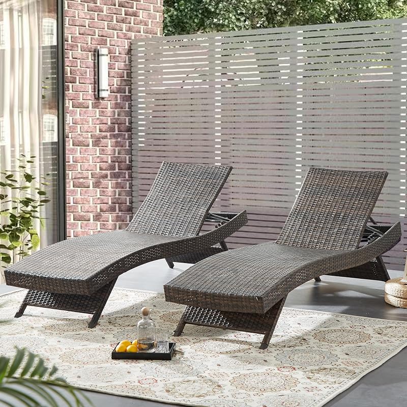Juego de chaise lounge reclinable de 79 pulgadas de largo (juego de 2), sillón reclinable de mimbre para exteriores, sillón reclinable de ratán para patio, tumbona doble, sillas para tomar el sol en el césped, sillones reclinables con respaldo para pileta y playa (juego de 2)