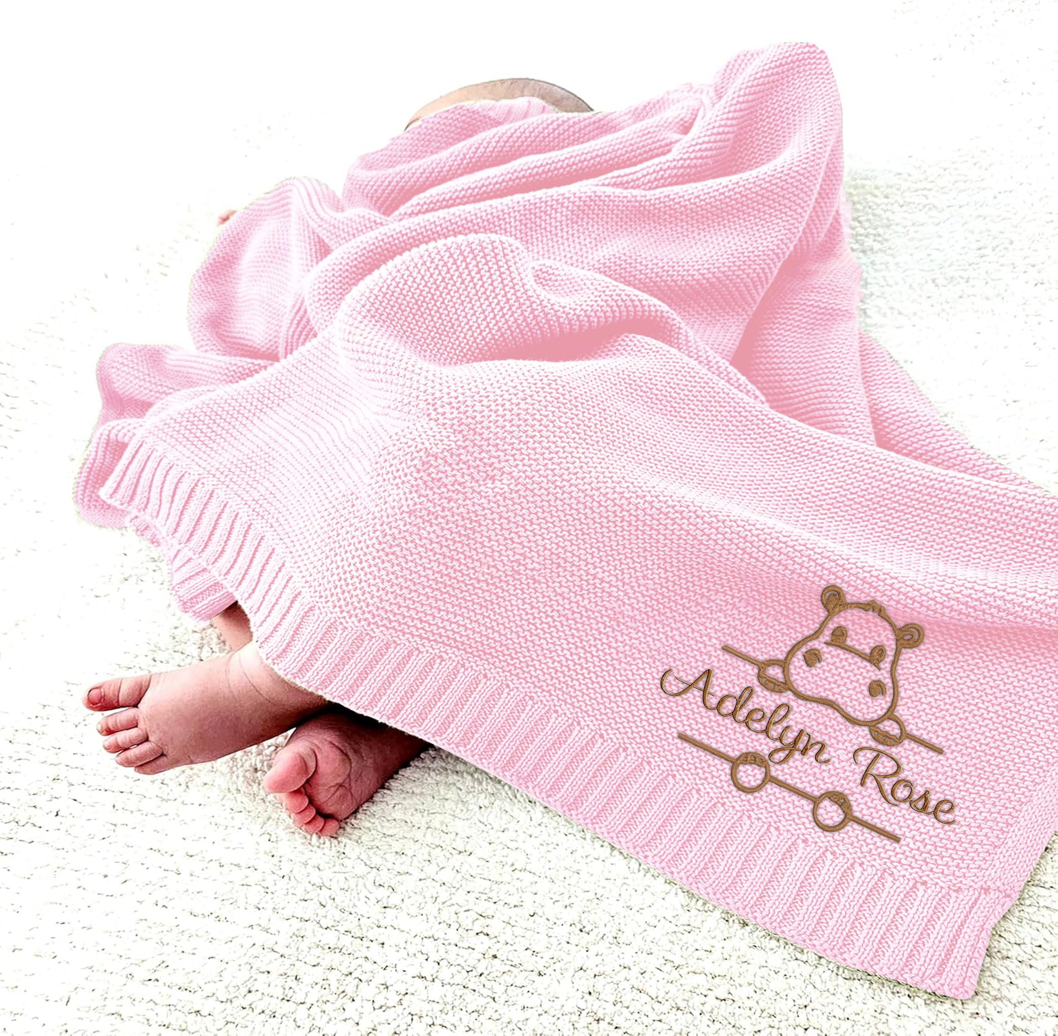 LOVELYPOD Luxury Personalized Baby Girl Knit Blanket, Custom Embroidered,Nursery Blanket Gifts for Newborn Baby Girl, Newborn Holiday Shower Gift, Cotton Knit Stroller, Custom Animal