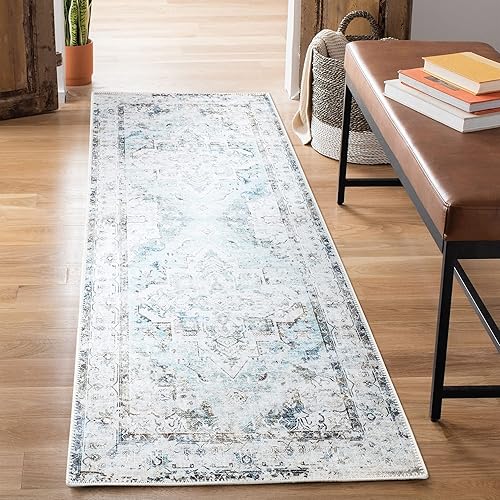 Bloom Rugs Camino de medallón tradicional lavable antideslizante de 7 pies  marfil y azul mezclilla para entrada, pasillo, baño y cocina, tamaño