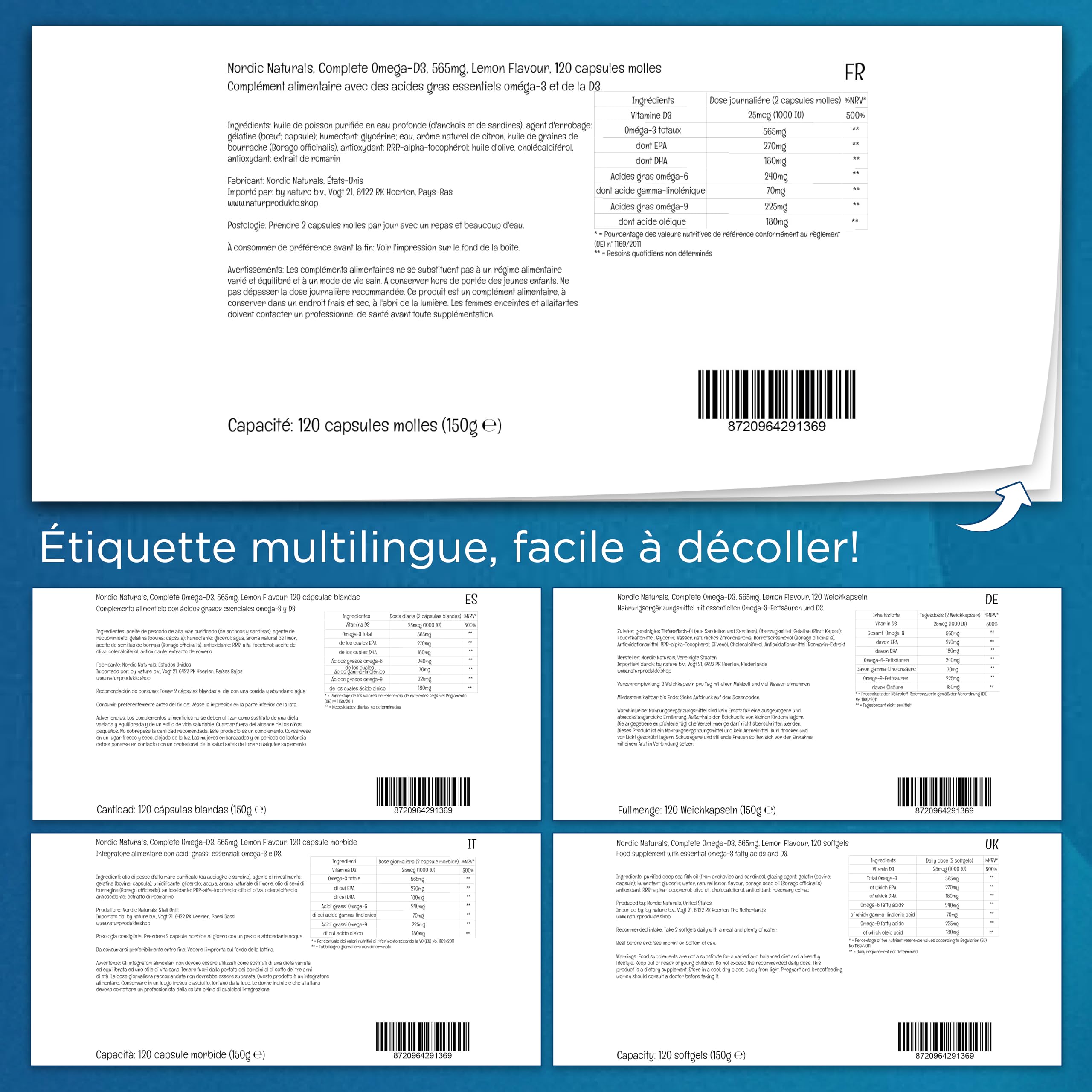 Nordic Naturals, Complete Omega-D3, 565mg, avec Oméga-6, Oméga-9 et Vitamine D3, Haute Dosé, Goût Citron, 120 Capsules molles, Sans Soja, Sans Gluten, Sans OGM