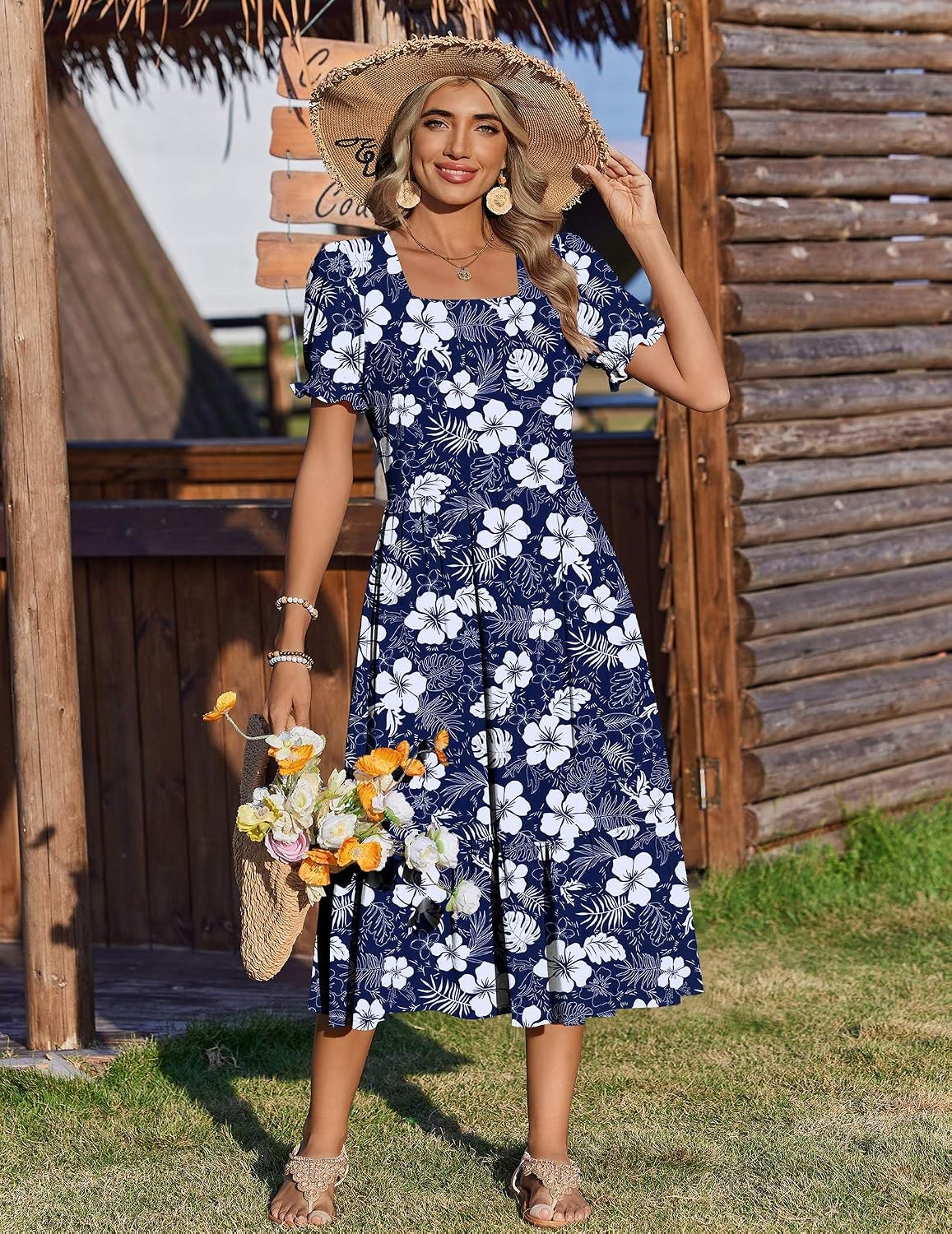 Zeagoo Summer Dresses for Women Flowy Casual Midi Dress Short Sleeve Tiered Dress Beach Vacation Sundresses with Pockets image 4