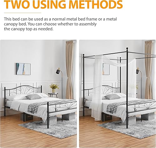 Miniatura 4 de Topeakmart Base de colchón con plataforma metálica con dosel de cuatro pósteres con cabecera arqueada y estribo, listones sólidos, necesita somier,