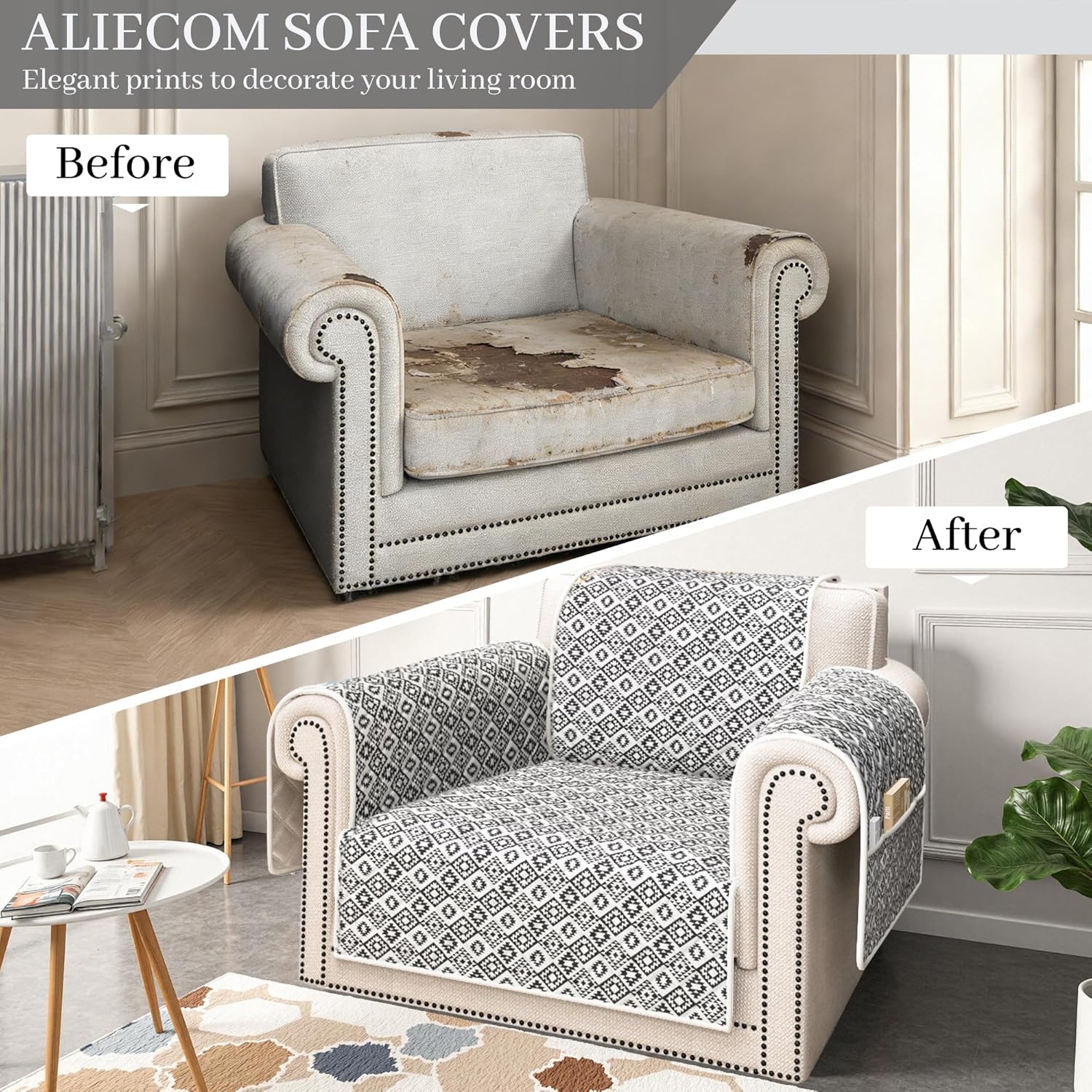 ALIECOM 100% Waterproof Chair Covers Armchair Slipcovers for Living Room Sofa Couch Cover Pet Friendly Washable Printed Non Slip Furniture Protector with Pockets for Dogs (Small, Checkered Gray)