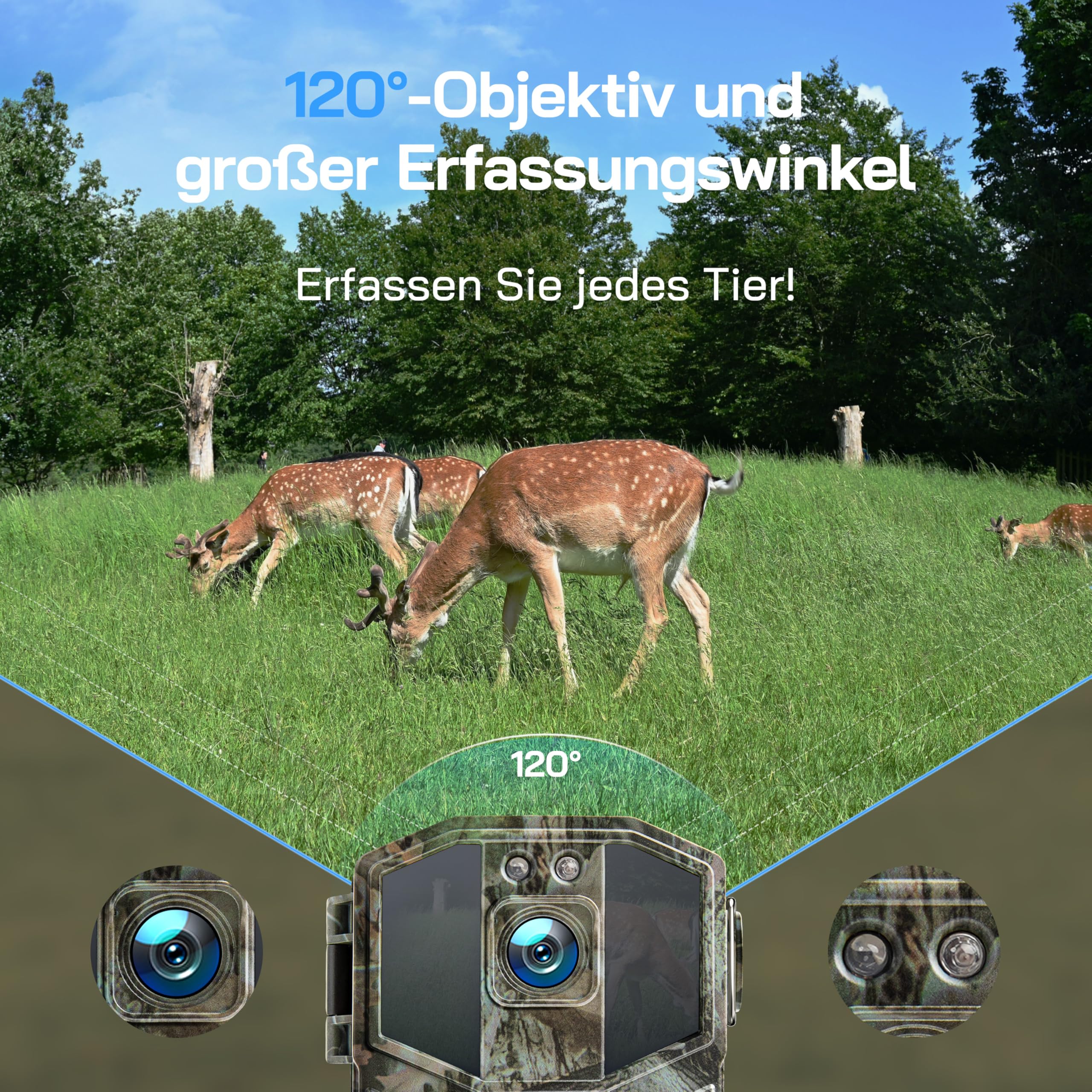 WOLFANG Wildkamera 4K HD, 64MP Full HD WLAN Wildtierkamera mit App, Jagdkamera mit Nachtsicht, Bewegungssensor, IP66 Wasserdicht, 0,1s Auslösezeit für Wildtieraufnahmen