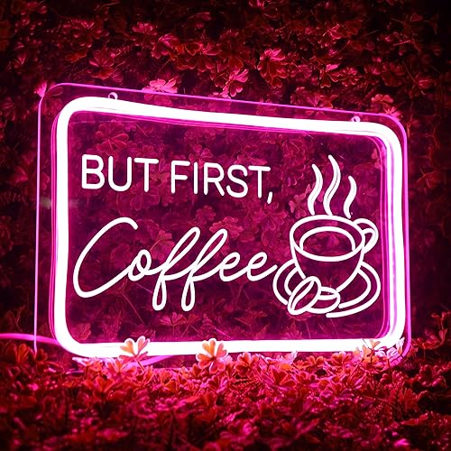 But First Coffee - Letrero de neón con luz LED regulable para amantes del café, bar, restaurante, decoración de pared de sala de estar, fondo de