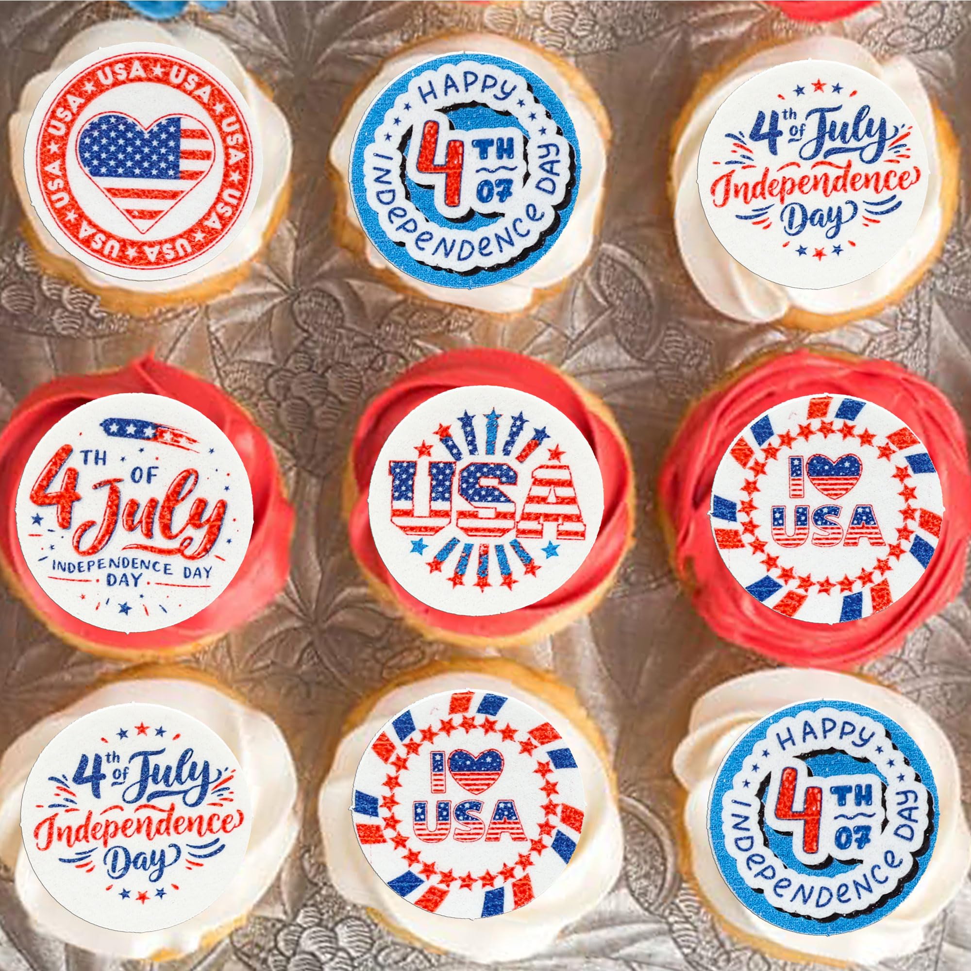 Ephlyn 54Pcs Edible Happy Independence Day Cupcake Toppers Wafer Paper 4th of July American National Day Cake Toppers USA Cupcake Picks for Patriotic Theme Party Supplies Multi