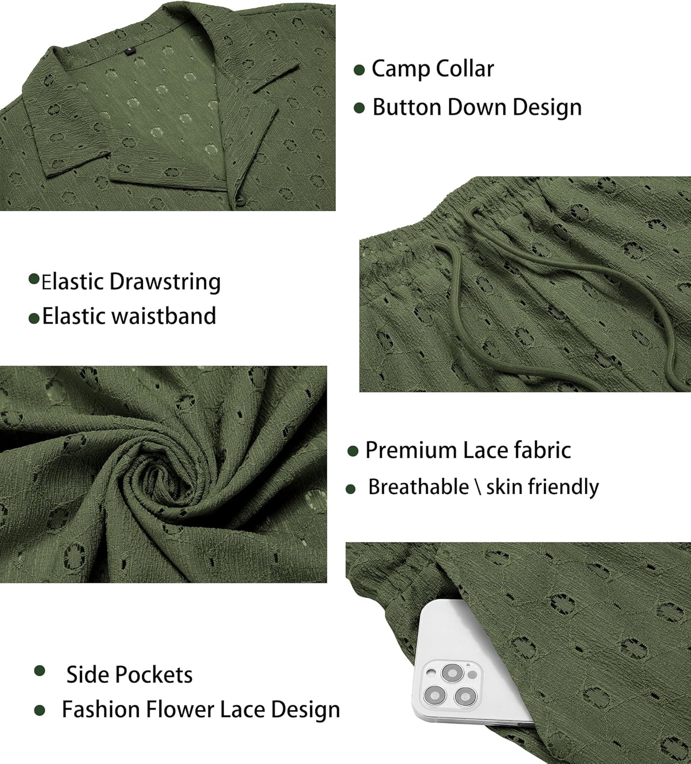 URRU Men's 2 Pieces Outfits Summer Beach Set See Through Sheer Short Sleeve Flower Lace Shirts and Shorts Sets - Image 5