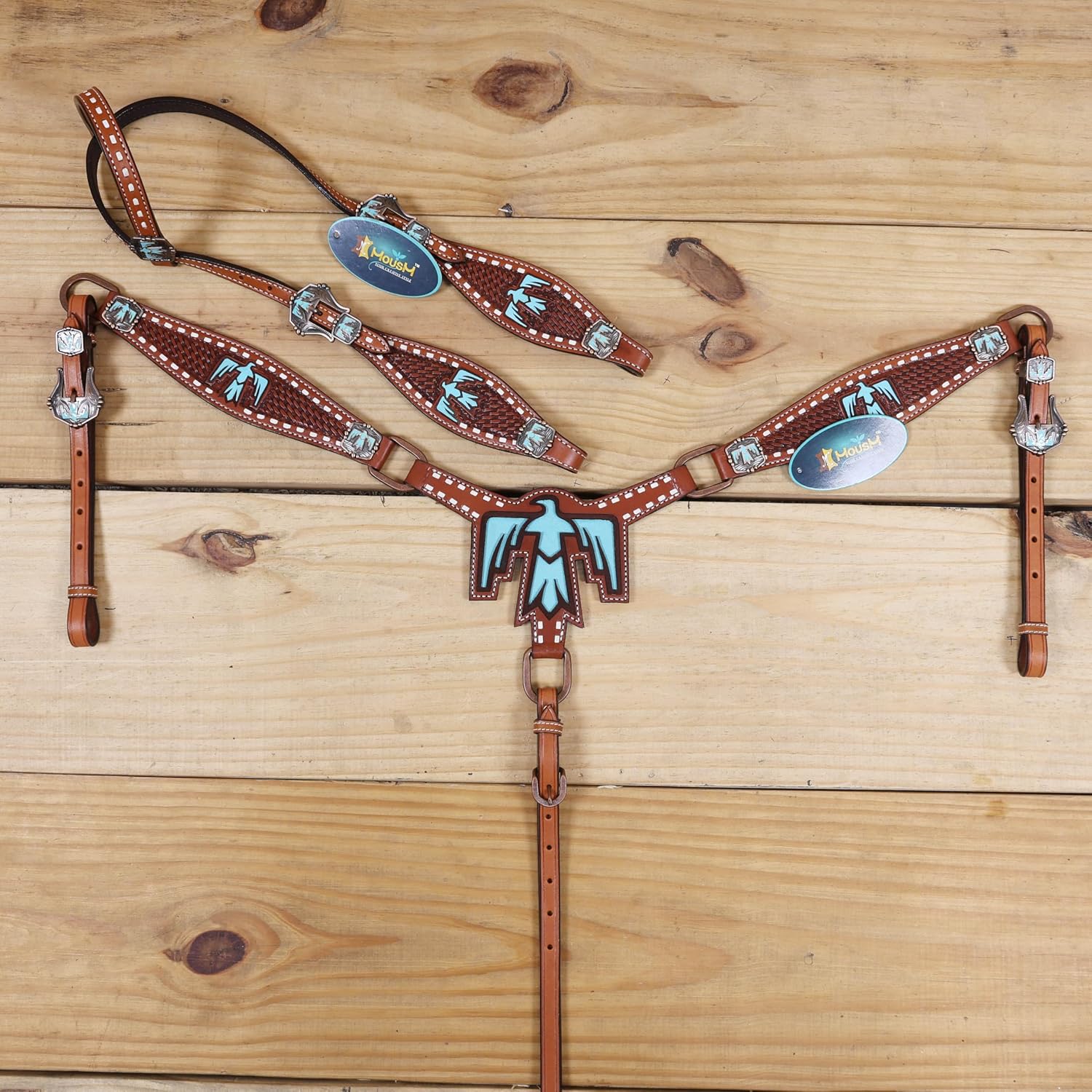 Western Leather Headstall and Breast Collar Tack Set with Thunderbird Cut Out, Turquoise Inlay, White Rawhide Buck Stitching, and Antique Copper Thunderbird Hardware, Argentina Cow Leather