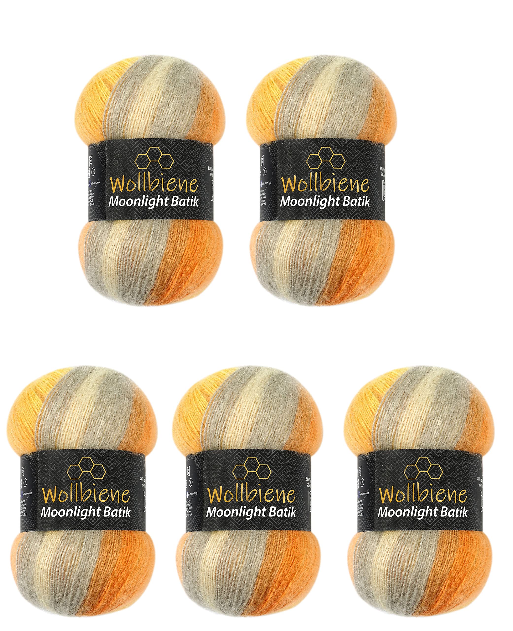 WollbieneMoonlight Batik, 5 x 100 g Knitting Wool, 500 g Wool for Knitting and Crocheting, 20% Wool, Turkish Wool, Colour Gradient Wool, Knitting Wool (4000 Orange, Yellow, Grey)