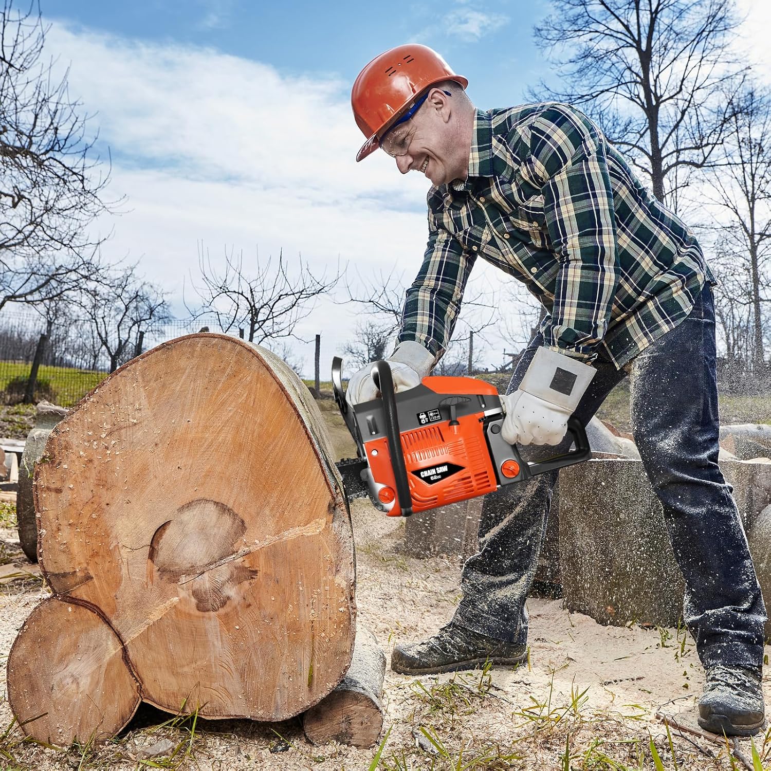 62CC Gas Chainsaw, Professional Chainsaw with 2-Stroke Engine, 20inch & 24inch Chain Saw Bar, Ergonomic Non-Slip Handle & Dual Fuel Tanks for Tree Wood Cutting
