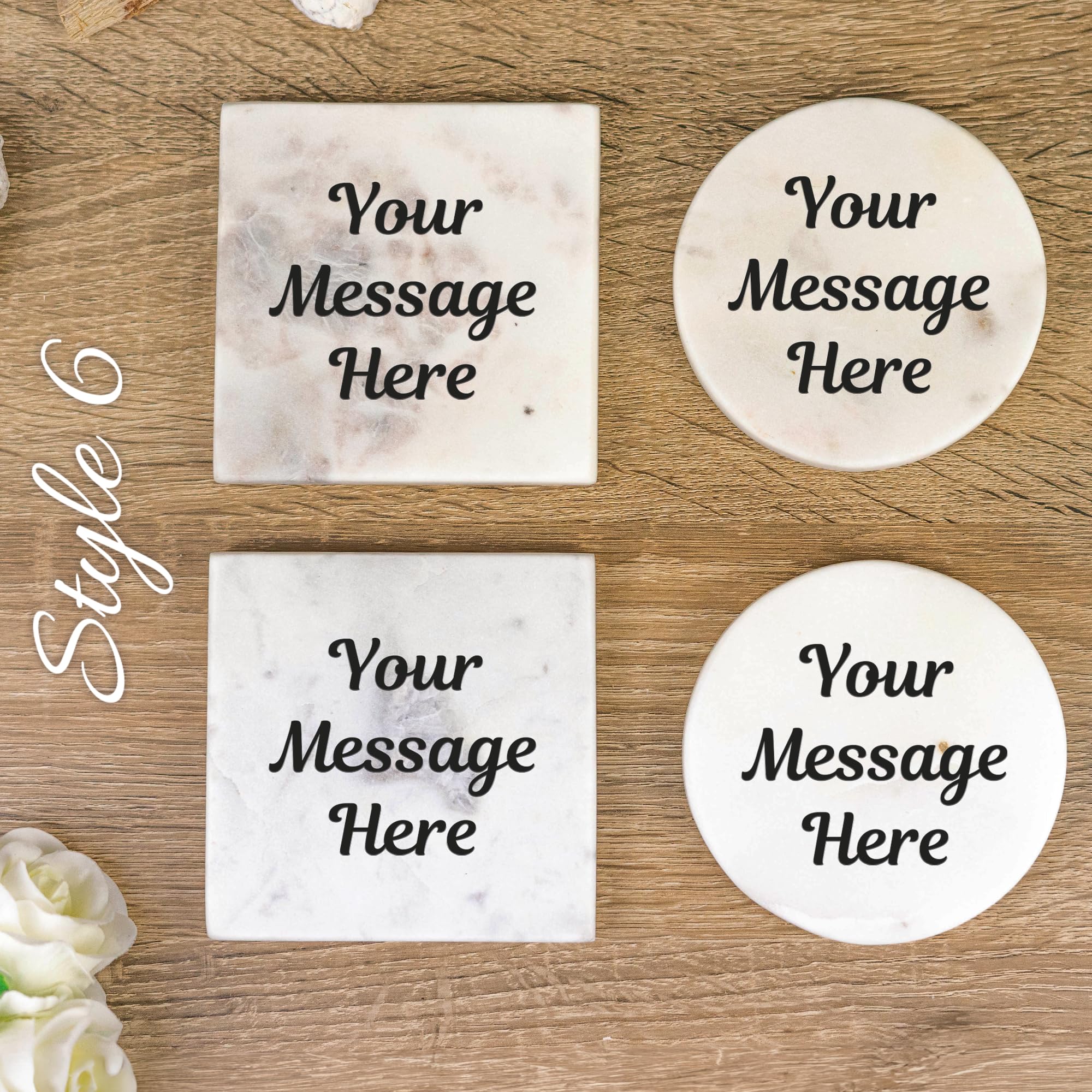 So Bespoke White Personalised Coaster Customised Marble Stone Coaster Set Any Text (Square, Style 6)