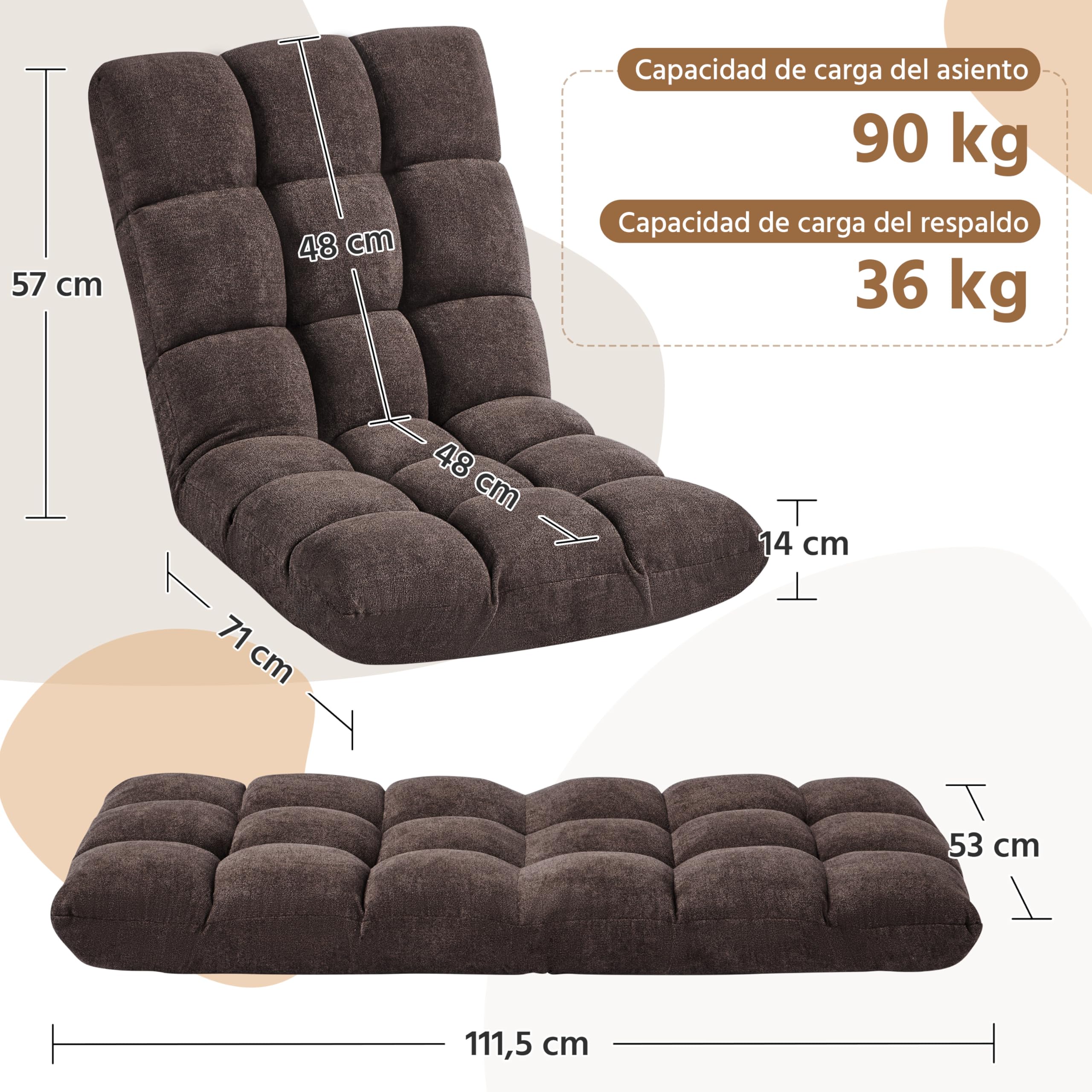 Yaheetech Silla de Suelo Plegable con Respaldo Ajustable 14 Posiciones Sofá Acolchado de Terciopelo para Meditación Lectura Gaming Asiento de Espuma 111,5 × 53 × 14 cm Marrón