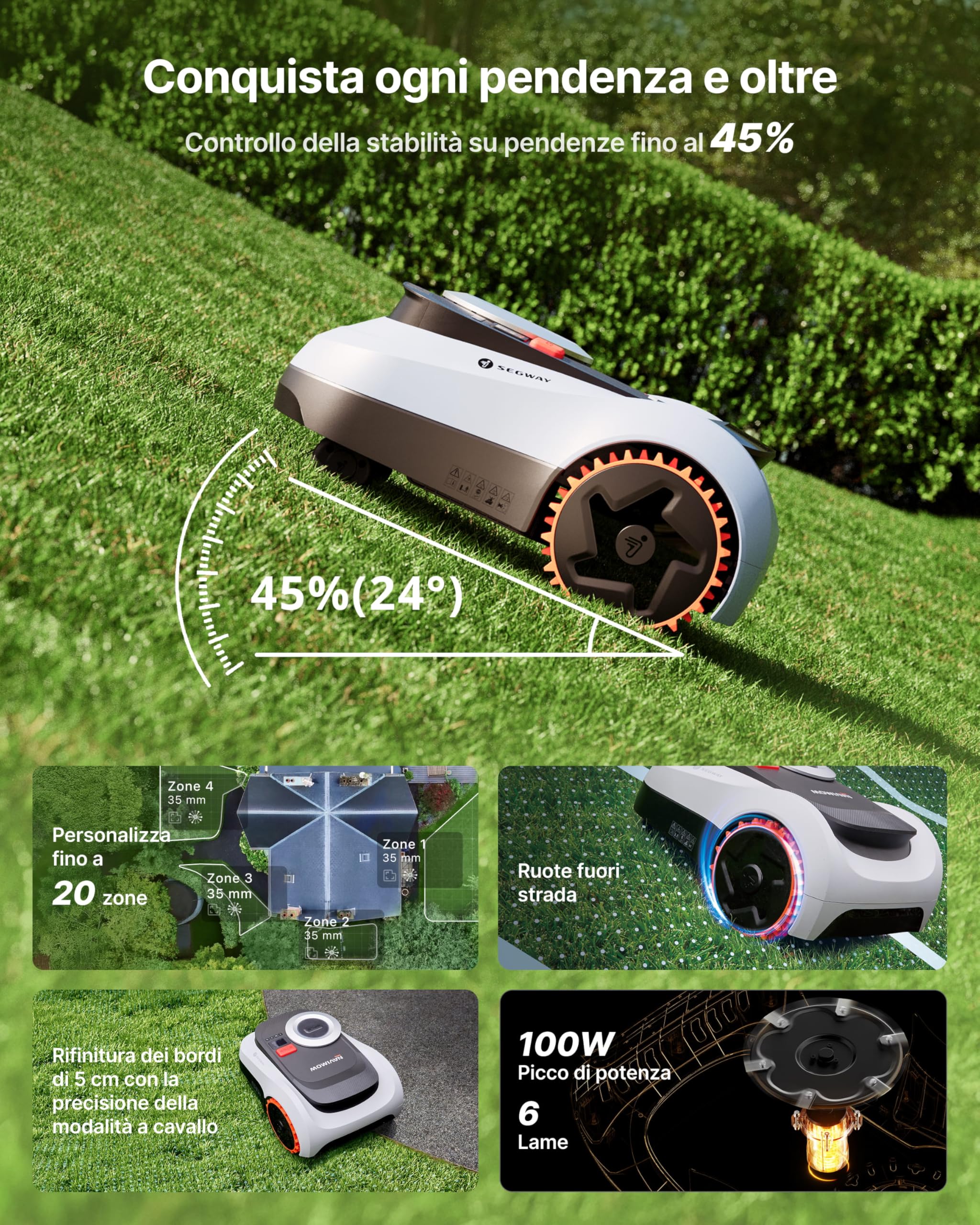 Segway Navimow i208 LiDAR Robot Tagliaerba Senza Filo Perimetrale per 800m² con Garage M, Pendenze del 45%, LiDAR a stato solido + Vision, Mappatura Automatica, 4G integrato (Spedito separatamente)