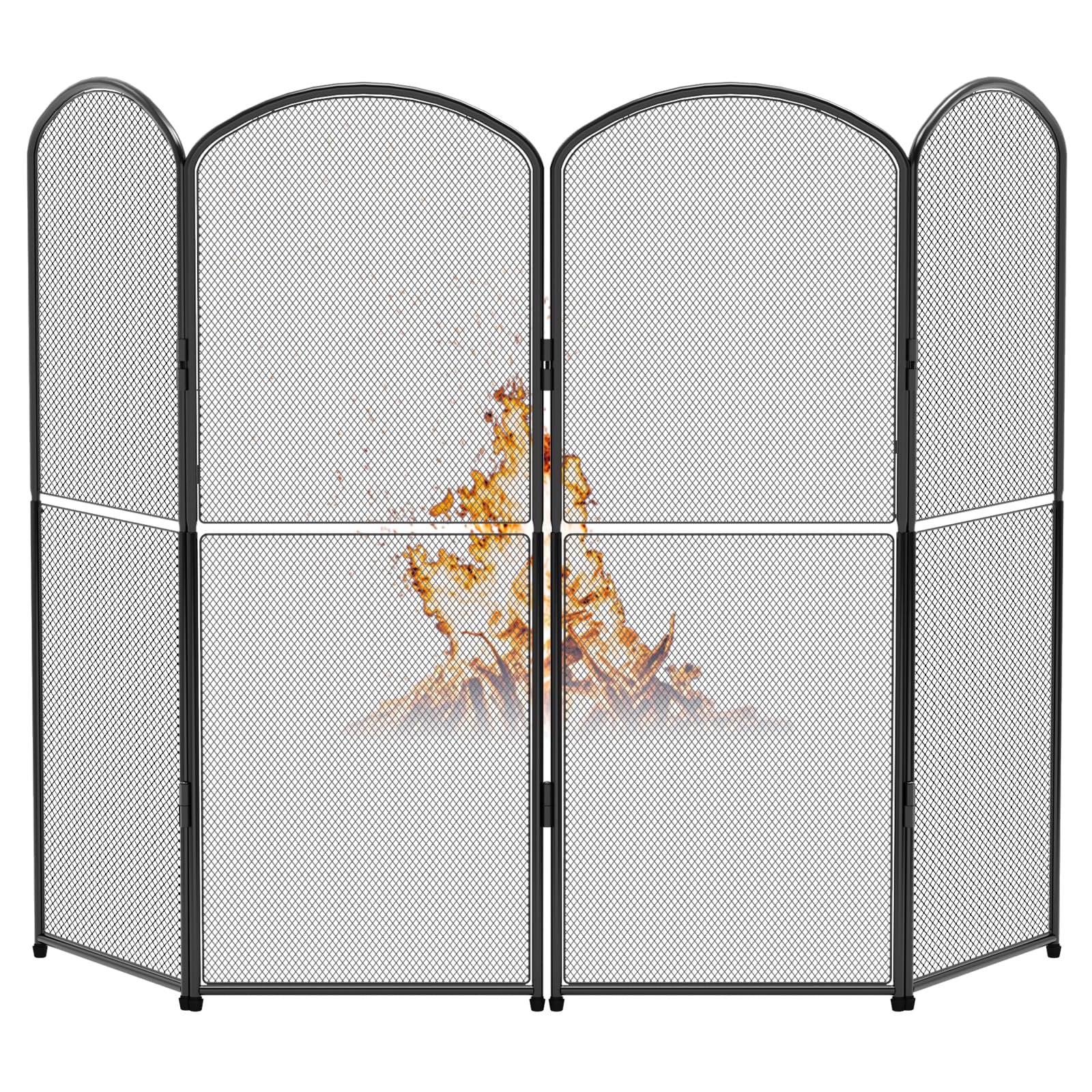 SHINOSKE 4-Panel Fireplace Screen,47.8" W x 31" H Black Metal Foldable Fireplace Cover,Decorative Mesh Fire Spark Guard Cover for Living Room Home Indoor Decor,Baby Proof,No Assembly