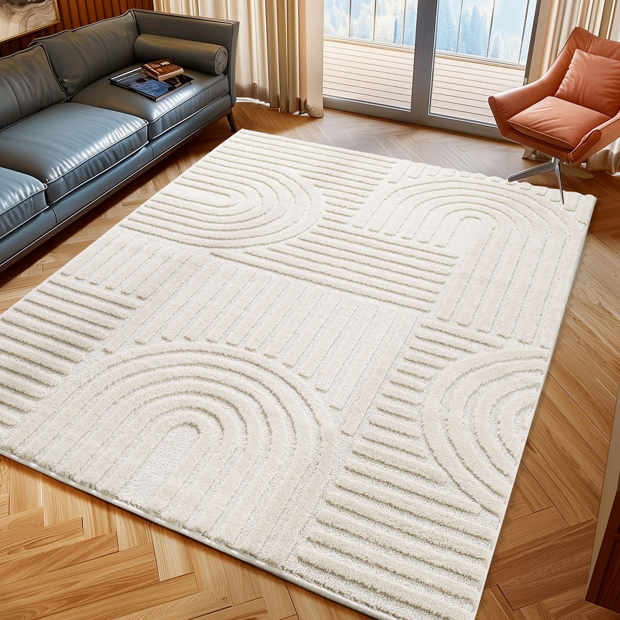 Nazar Tapis Salon Turin, Creme, Beige, Gris, géométrique avec Motif en Relief