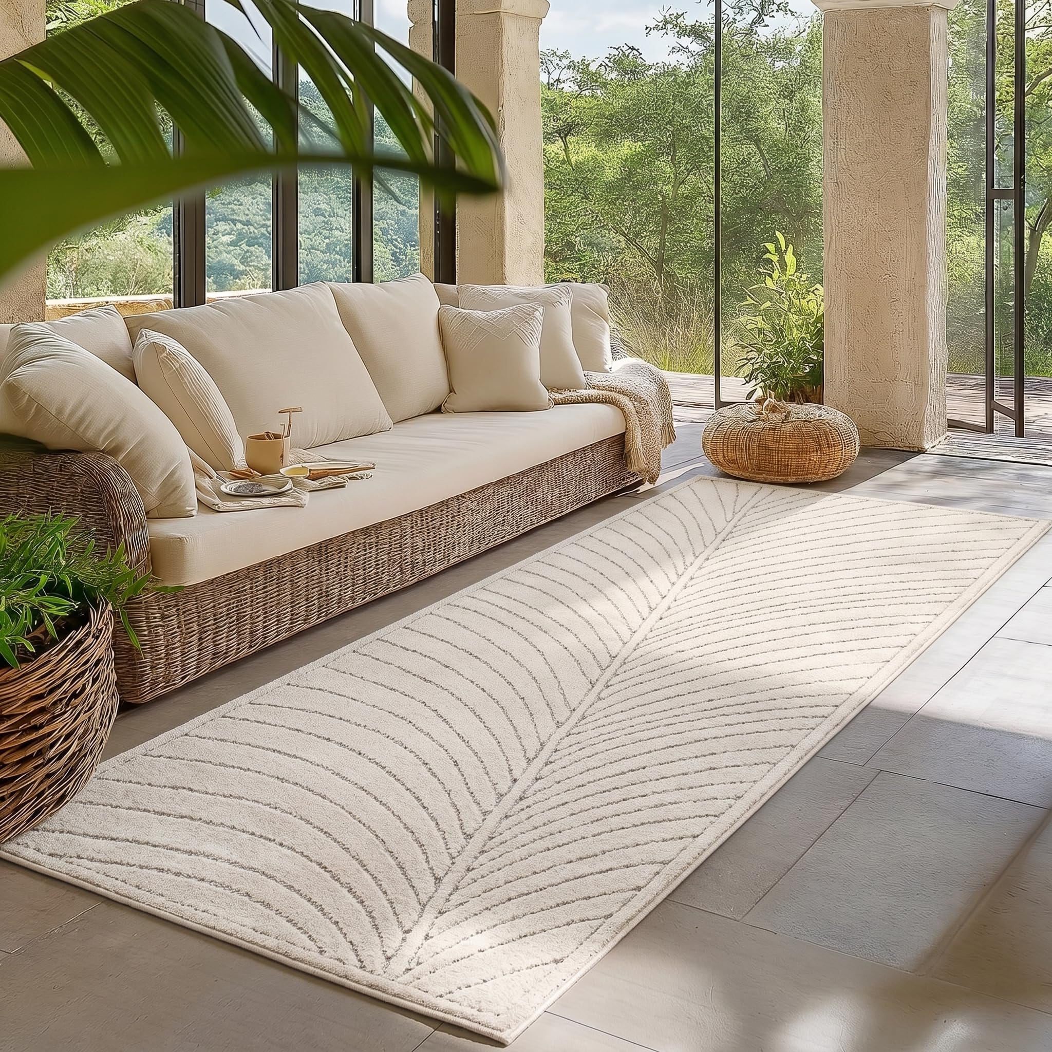 HomebyHome Kurzflor Teppich Wohnzimmer Schlafzimmer 3D Hoch-Tief-Effekt, Skandinavisch Boho Motiv, für Outdoor Bereich geeignet Terrassen oder im Balkon