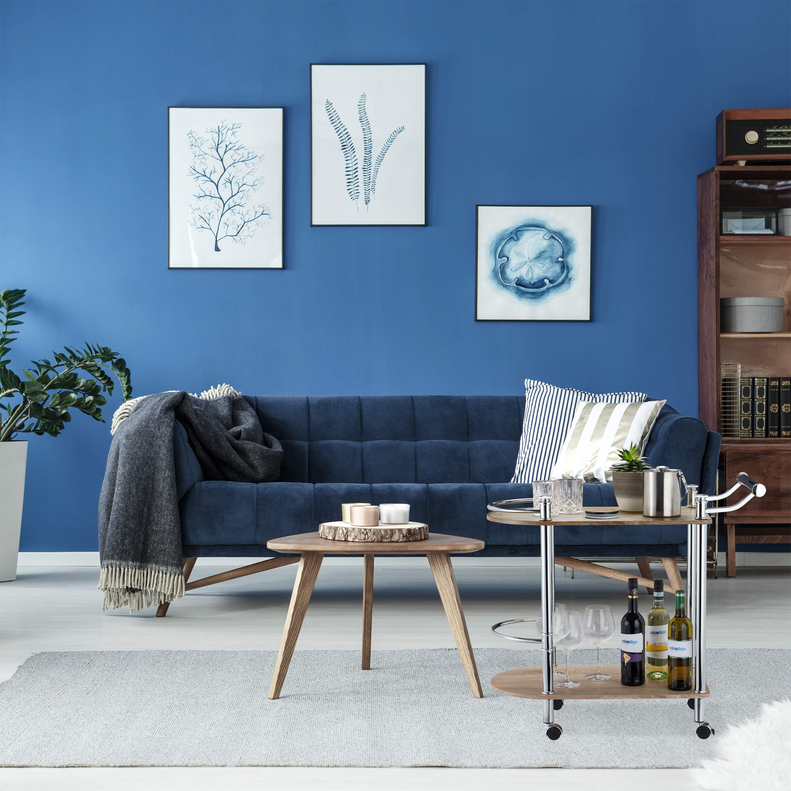 Relaxdays Carrello Portavivande con 2 Ripiani, in Effetto Legno, MDF, Acciaio, 4 Ruote, con Manico, 76x39x82 cm, Marrone