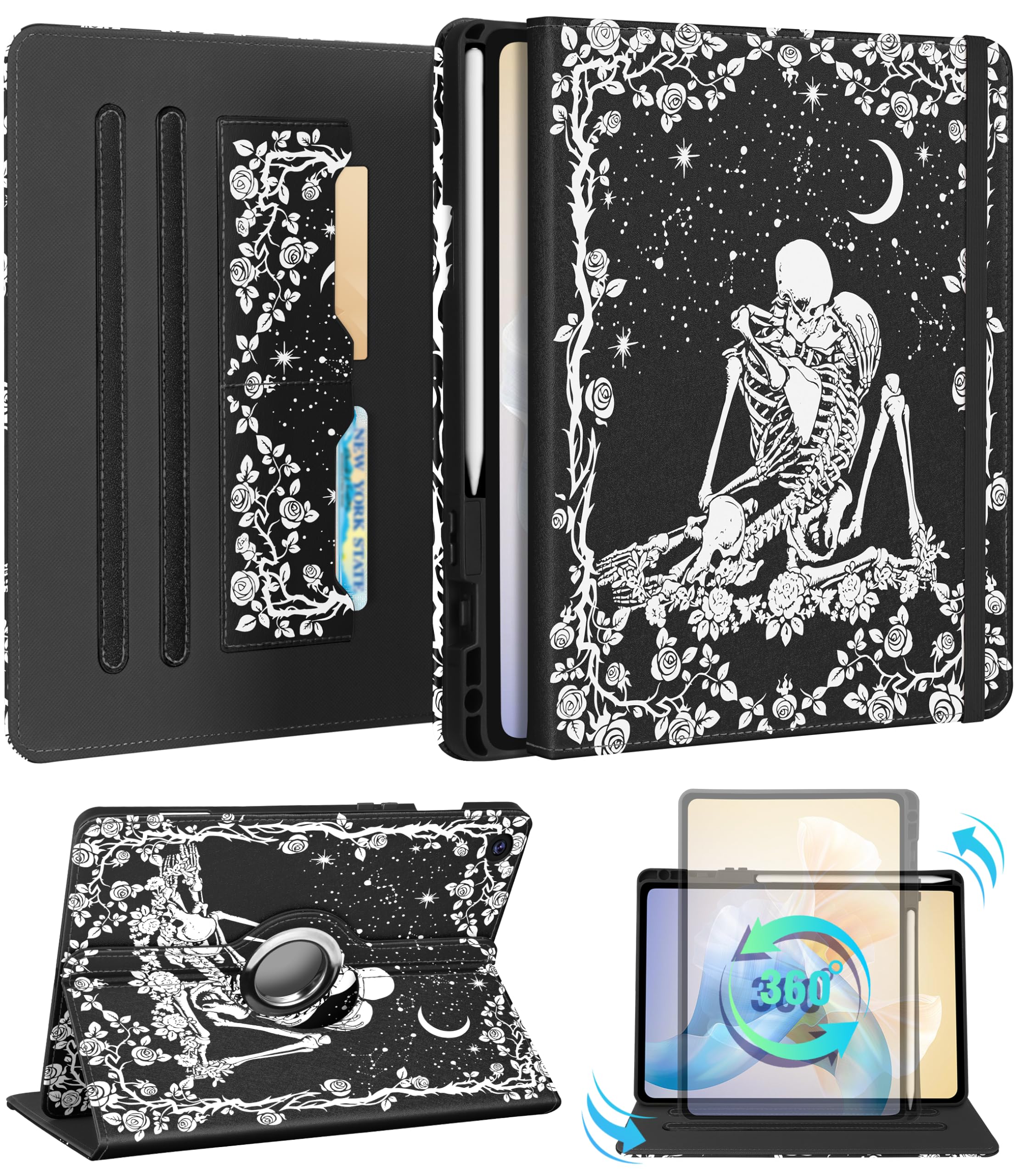 Kidcube for Samsung Galaxy Tab A9 Plus Case 11 Inch - for Women Girls Cute Rotating Stand Folio Cover with Pencil Holder & Card Slot Goth Skull Floral