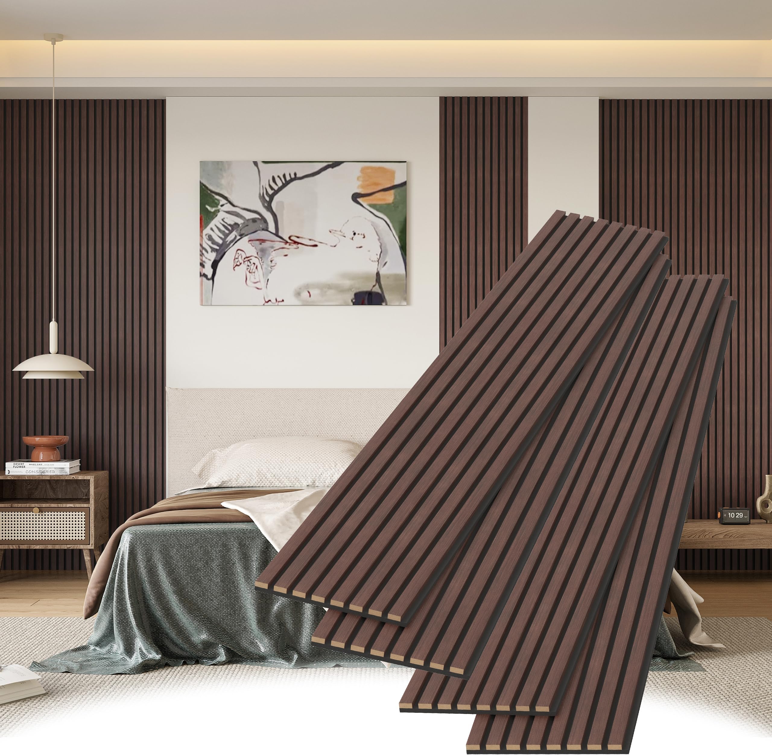 POHARE Decorative Slat Wall Panels, 4 Pack, 8 x 1 ft, Modern Acoustic Wood Panels with Felt Backing, Walnut