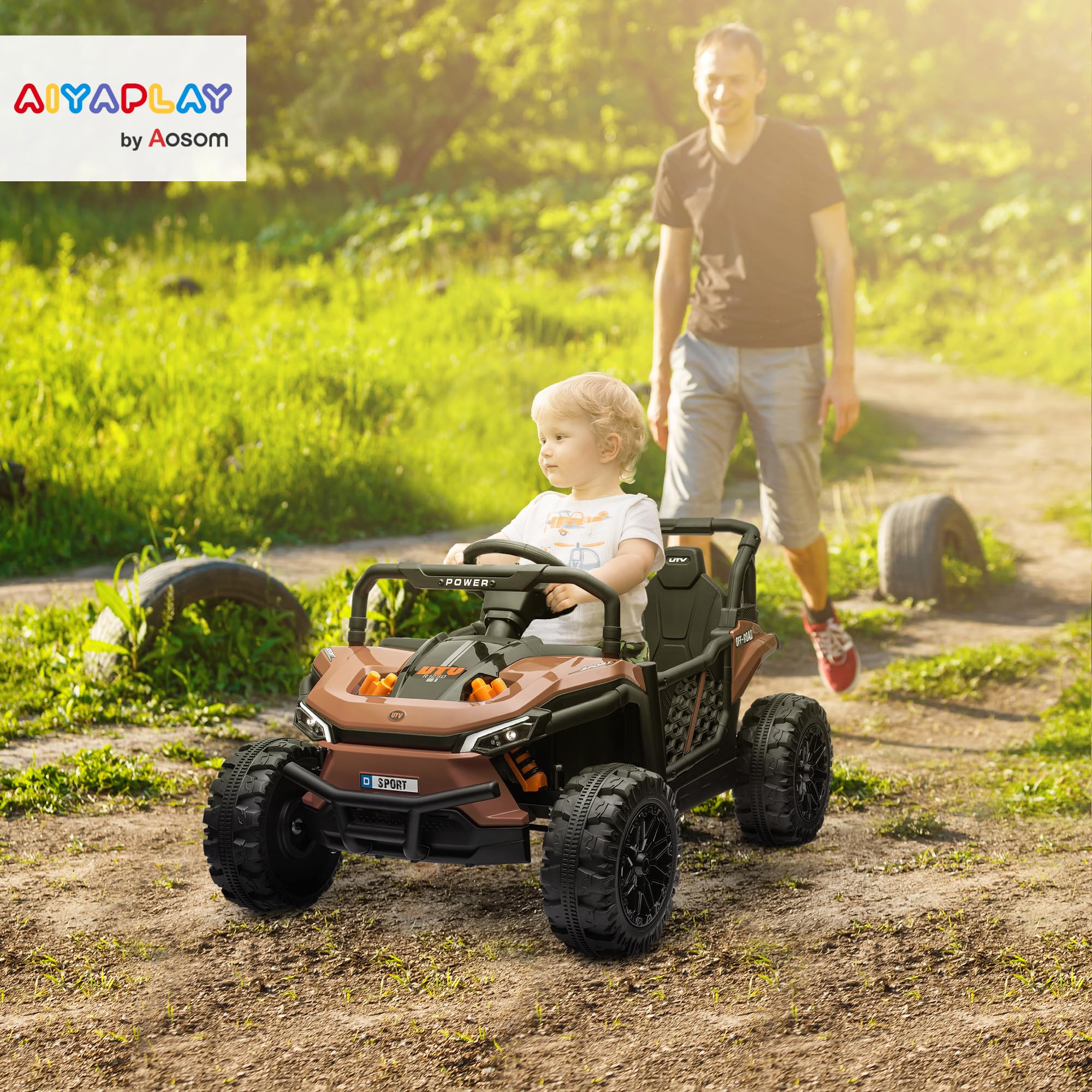 AIYAPLAY Voiture Électrique Enfant UTV Buggy Électrique Enfant Marron | Télécommande 2.4Ghz, 2 Moteurs 12 V, 2 Vitesses, Musique, Klaxon, Lumières, 3-5 Ans