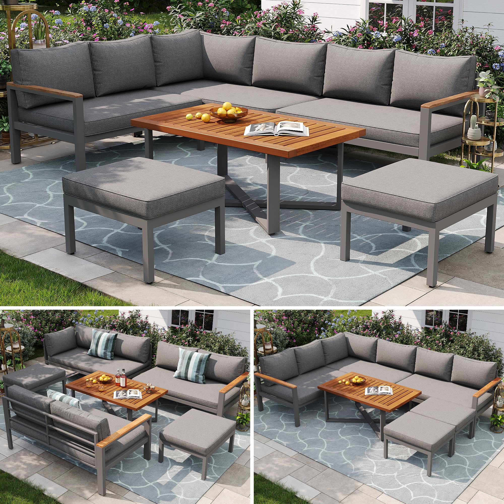 Set di mobili da giardino per 7 – 8 persone, set da giardino per giardino, balcone, terrazza, resistente alle intemperie, set di mobili da giardino con struttura in ferro zincato