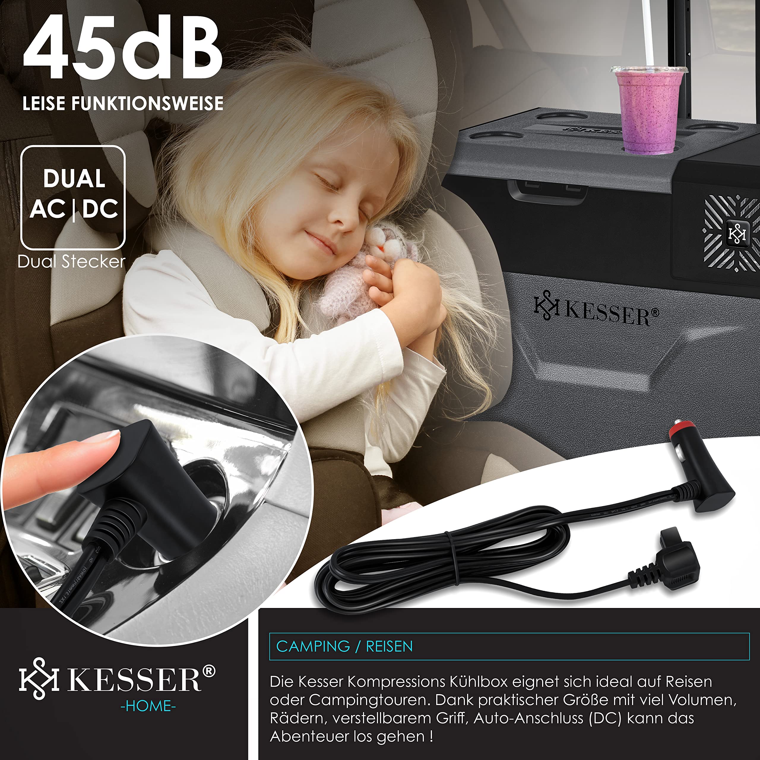 KESSER® Lodówka elektryczna z kompresorem, 50 litrów, ze sterowaniem za pomocą aplikacji, złącze USB 12/24 V 230 V, drążek teleskopowy do lodówki, chłodzenie do -20 °C do samochodu, ciężarówki, łodzi, kampera, kempingu
