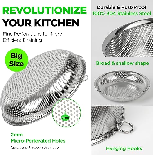 Miniatura 3 de Juego de 3 coladores grandes de acero inoxidable 188 304 de alta calidad, cómodos coladores microperforados poco profundos, juego de bandejas de