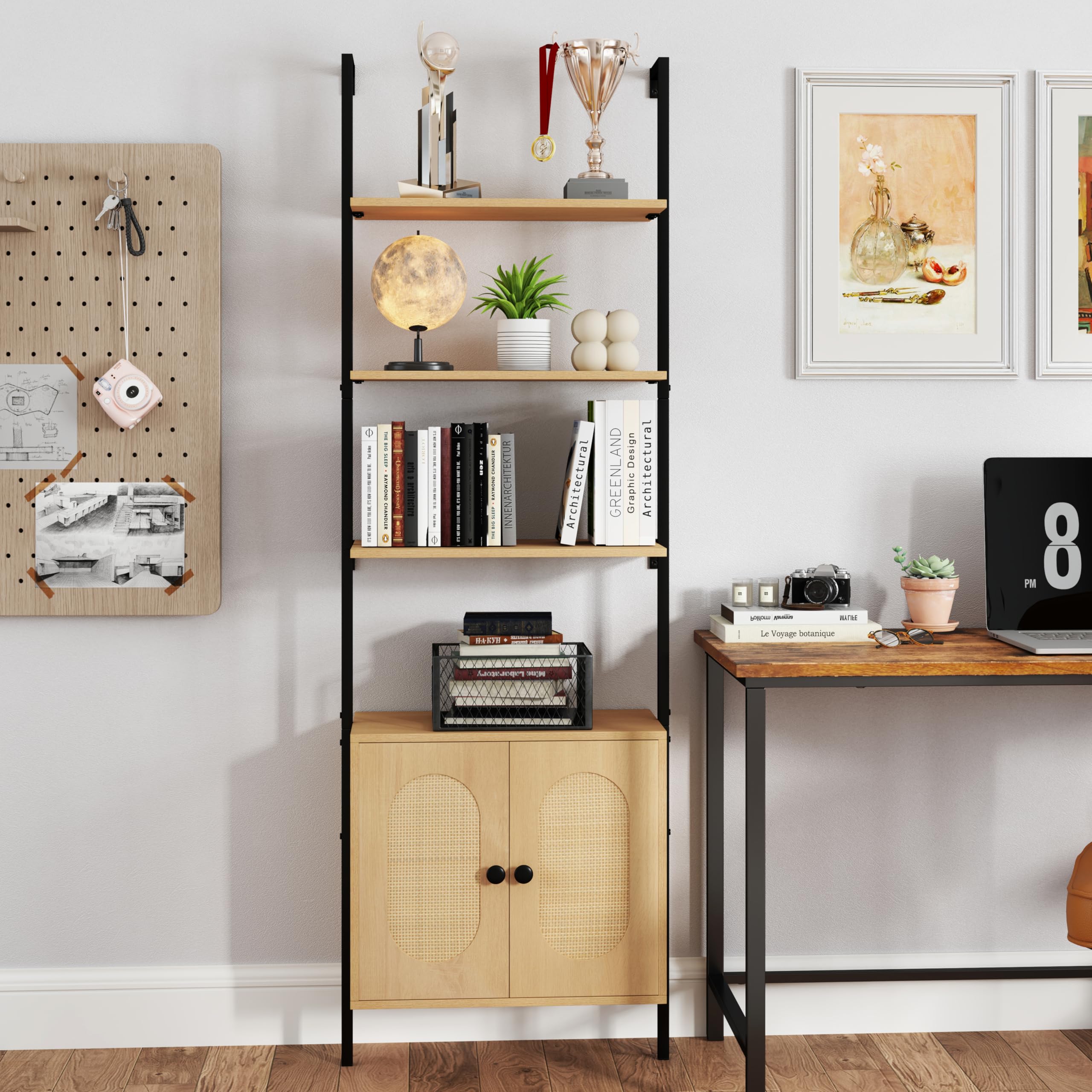LIFEZEAL Libreria a 3 livelli, 184 cm, scaffale a scala con ripiano regolabile e armadio, mensola portaoggetti con ante in rattan e telaio in metallo per soggiorno, ufficio casa, camera da letto