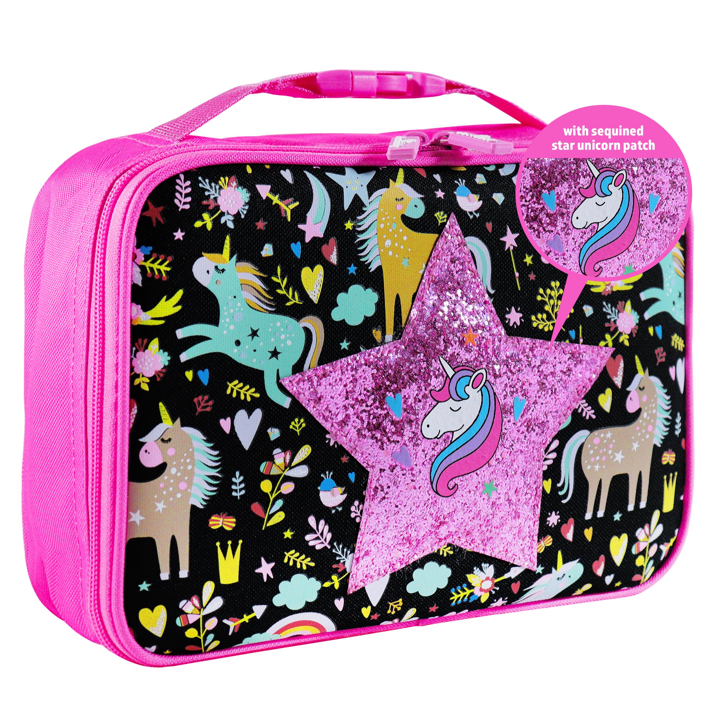 Decorably Insulated Unicorn Lunchbox for Girls with Glittery Star Patch Design - Easy-to-Clean Water-Resistant with Mesh Pocket Lightweight