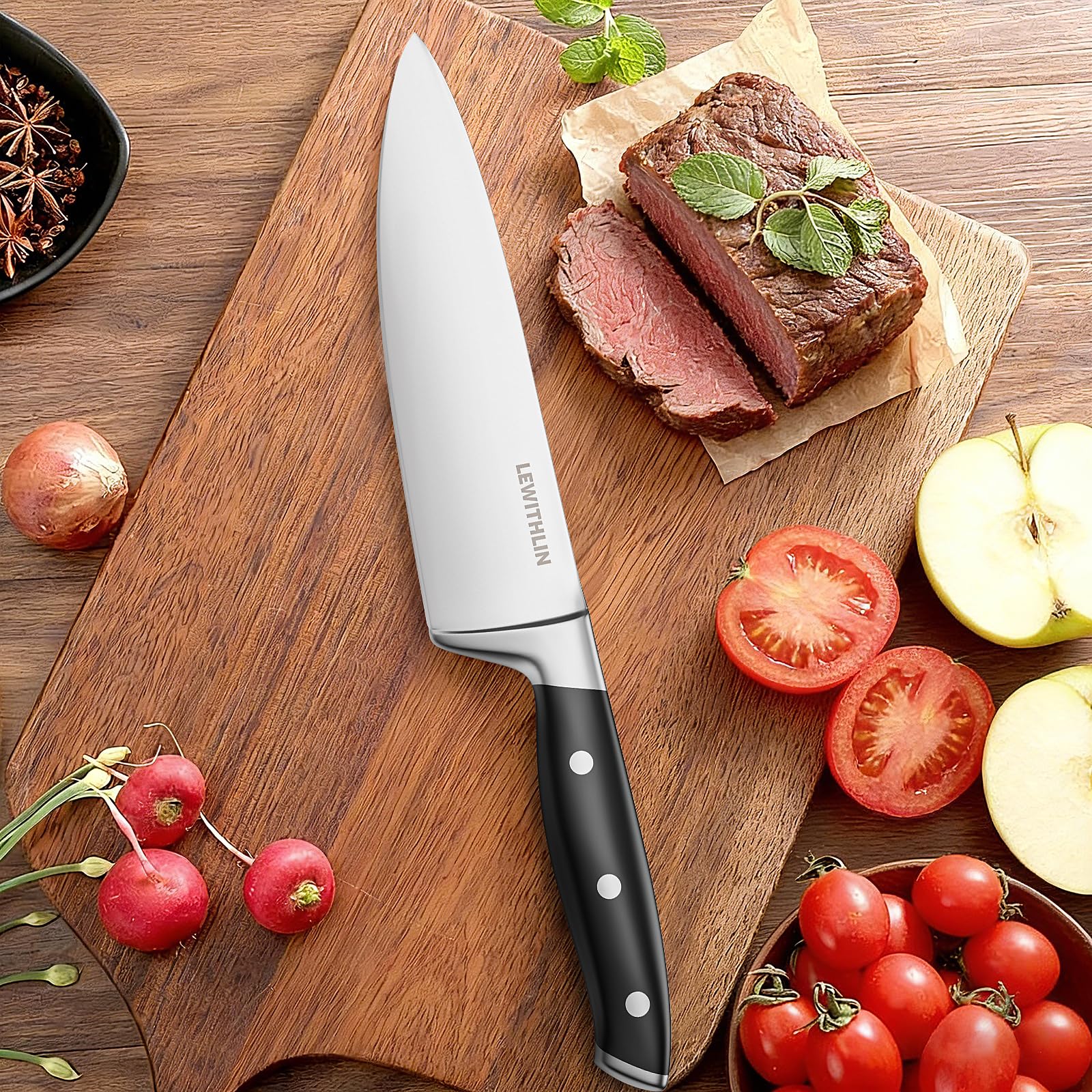 Kochmesser 20cm Profi Küchenmesser Messer Scharf Deutsch 1.4116 Edelstahl Chefmesser Tranchiermesser Allzweckmesser Fleischmesser mit Ergonomischem Griff für Fleisch, Gemüse, Obst