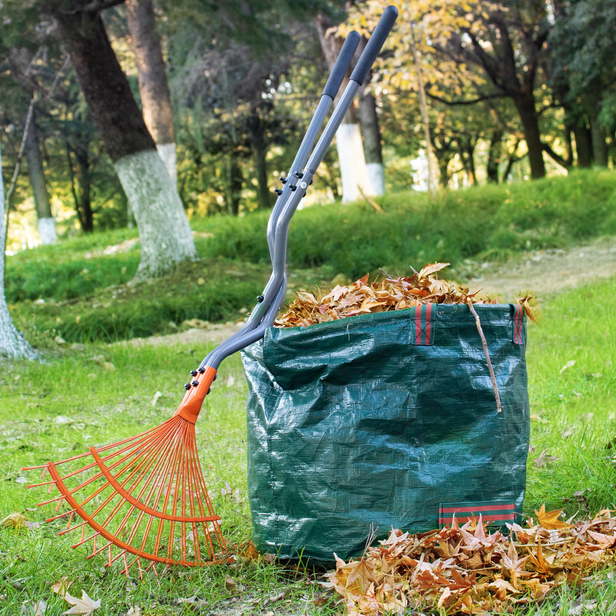 Râteau arqué double face robuste, manche de 160 cm en acier inoxydable, tête en acier au manganèse chauffé, 17 dents en acier. Râteau de jardin en métal pour ameublir la terre, niveler le terrain,