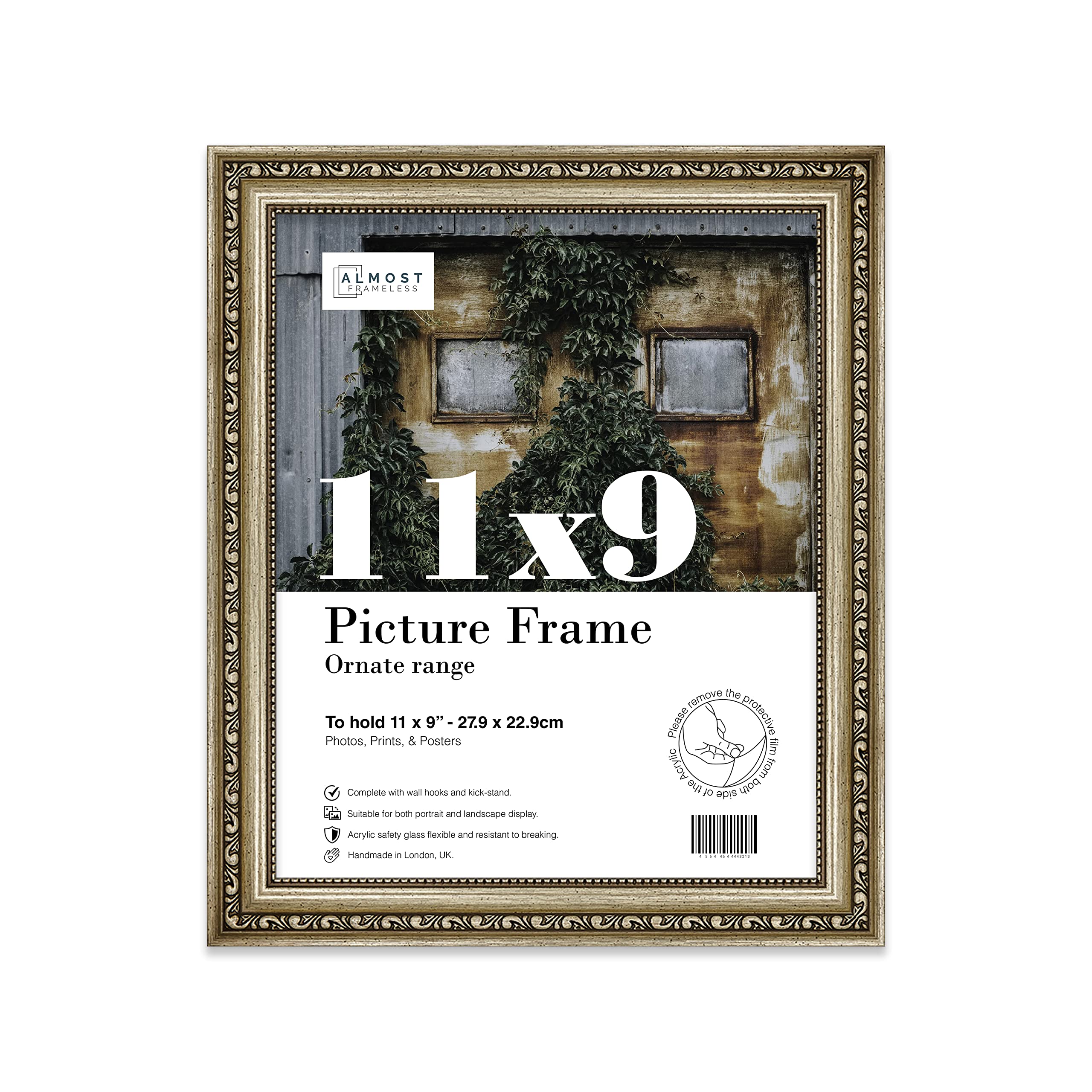 Almost Frameless 11x9 Champaign Ornate Picture Frame 11"x9"(27.9x22.9cm) Poster, Photo, Artwork, or Print. Antique Style Portrait and Landscape Display with Wall Hooks โ image 1