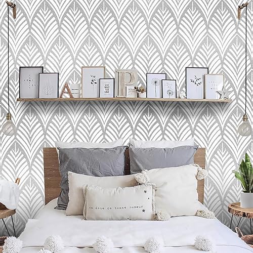 Miniatura 9 de Amiya Papel tapiz autoadhesivo de hojas plateadas de 17.5 x 120 pulgadas, papel de contacto extraíble, bohemio, gris, para pared de baño,