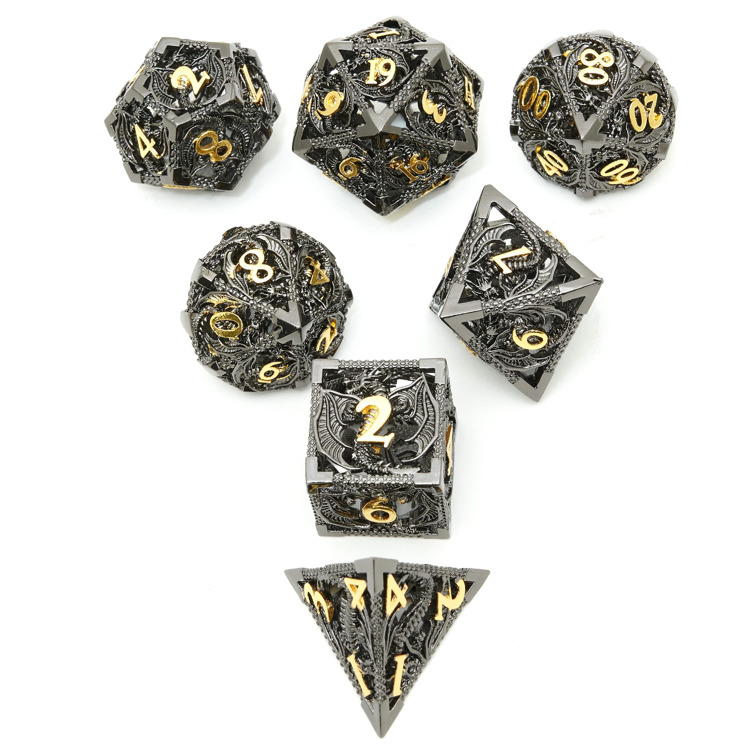Lot De 7 Dés Métalliques Steampunk Dragon – D20, D12, D10, D%, D8, D6, D4 – Pour D&D, Pathfinder, MTG