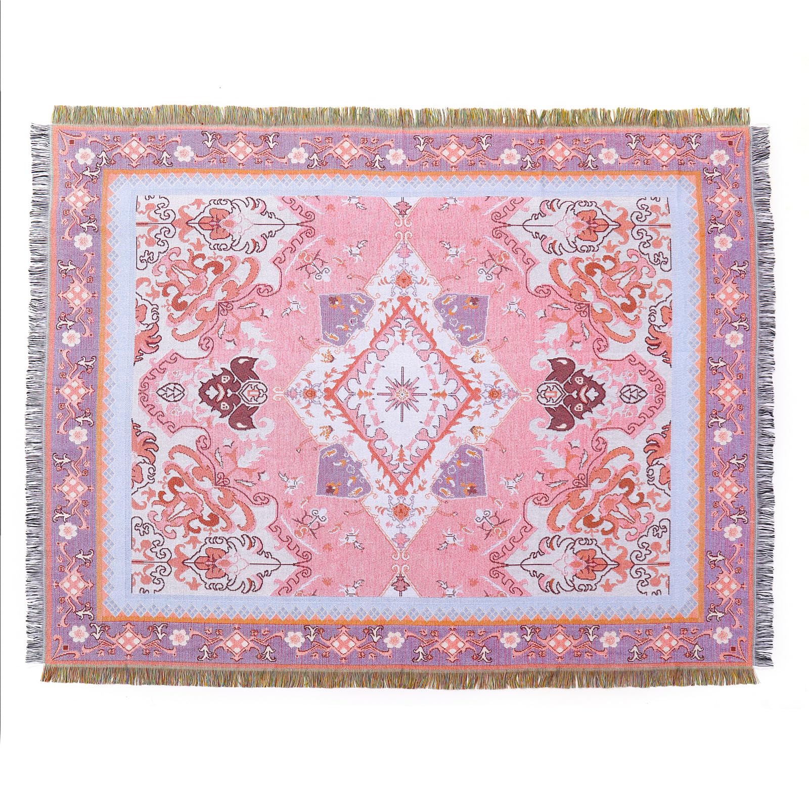 Lumisyne Pink Diamond Cotton Woven Throw Blanket With Tassel Bohemian Tribal Ethnic Style Geometric Pattern Aztec Navajo Blanket Decorative Throw For Sofa Bed Armchair Camping Tapestry Tablecloths Carpet 160X130cm