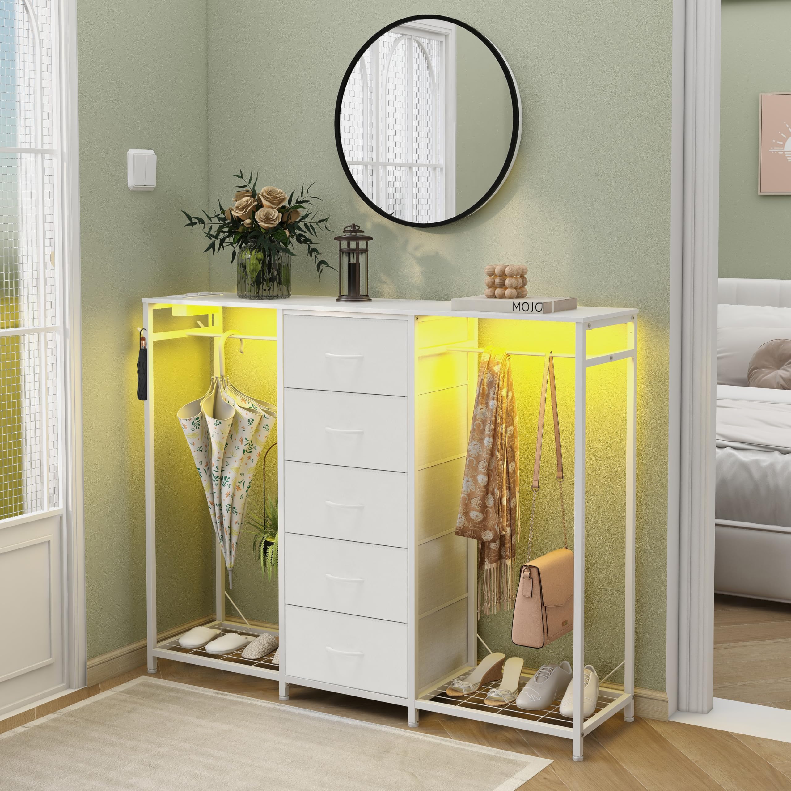 Trironsun Commode à 5 tiroirs avec porte-vêtements - Commode avec tringle à vêtements - Lumières LED - Penderie - Tiroirs - Station de charge - Étagère flexible - Étagères ouvertes pour salon