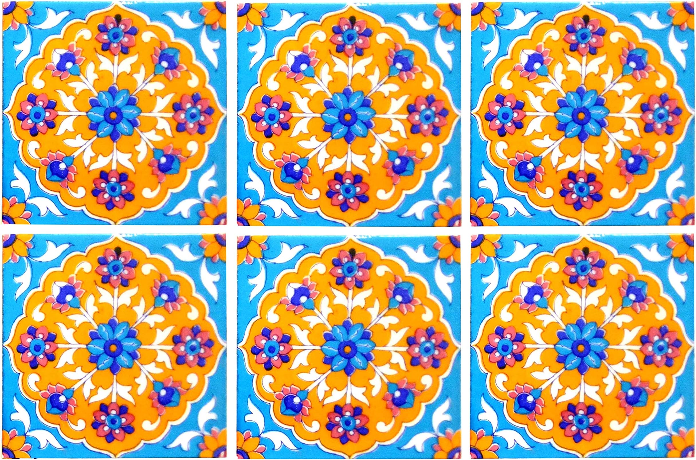 Shiv Kripa Blue Pottery Home Decor Moroccan Blue Pottery Ceramic Handmade Painted Wall Tiles 6 x 6 Inch Set of 6 Tiles (Sky Blue &Multi)