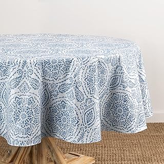 Elrene Home Fashions Savannah Boho Paisley Water- and Stain-Resistant Vinyl Tablecloth with Flannel Backing, 70 Inches X 70 Inches, Round, Blue