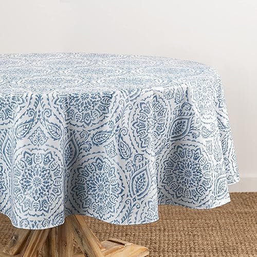 Elrene Home Fashions Savannah Boho Paisley Water- and Stain-Resistant Vinyl Tablecloth with Flannel Backing, 60 Inches X 84 Inches, Oval, Blue