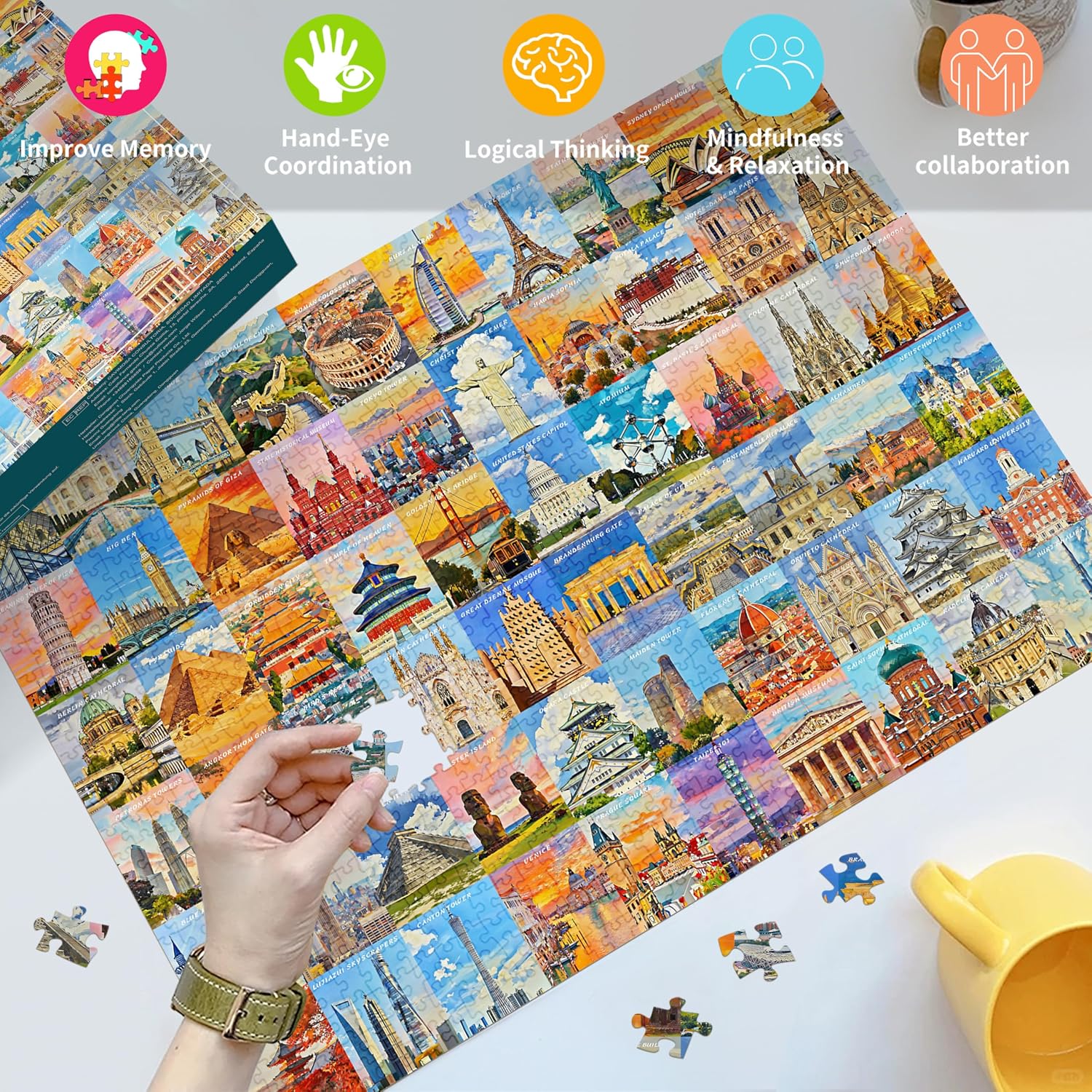 HUADADA 1000 Piece Puzzle for Adults - World Landmarks Travel Collage, Eye-Friendly Matte Finish, Decorative Art & Ideal Gift for Puzzle Lovers image 5