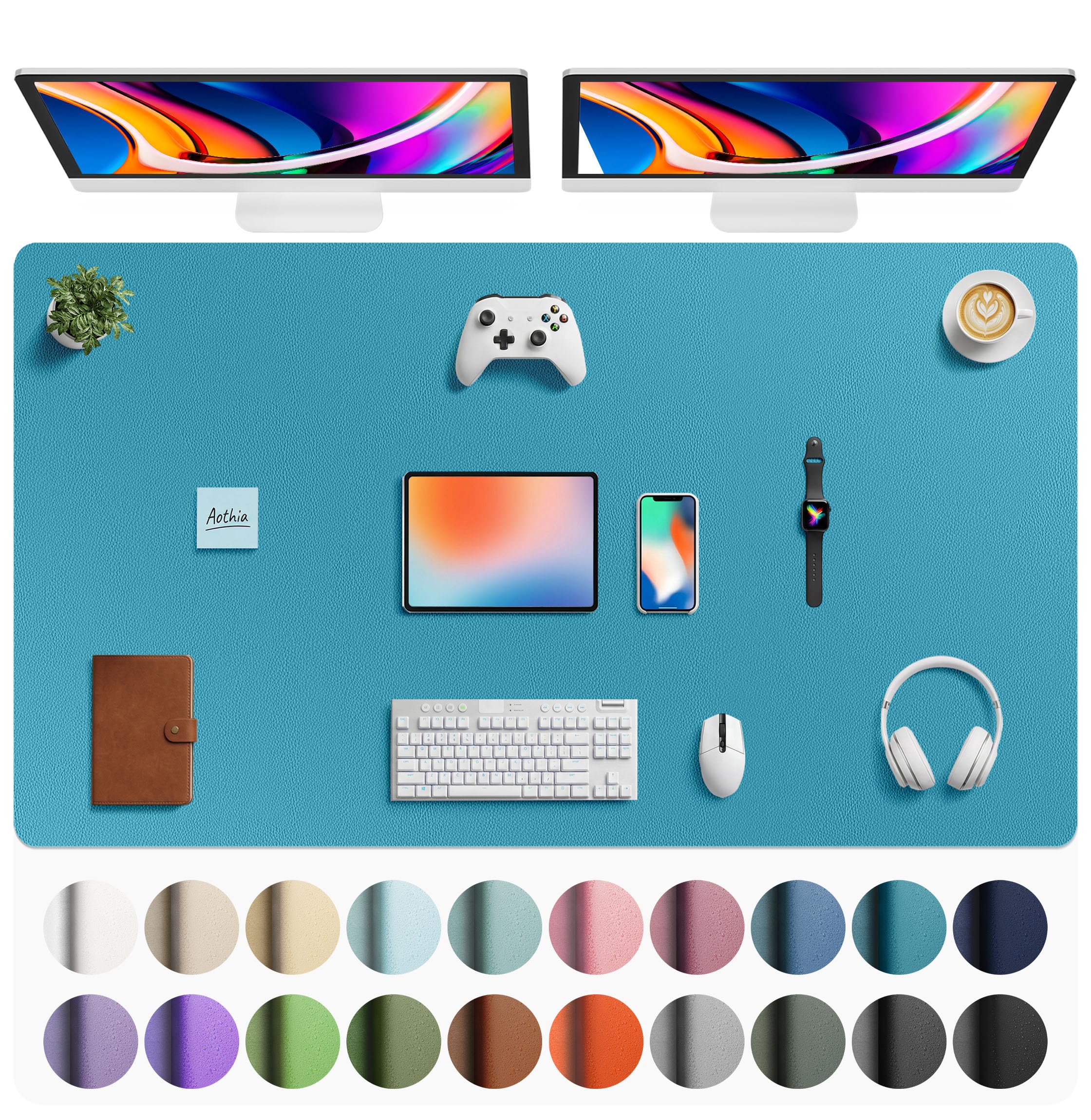 Aothia Faux Leather Desk Mat - Large Mouse Pad, Non-Slip PU Leather Blotter, Waterproof Writing Surface for Office and Home (Turquoise, 63" x 24")