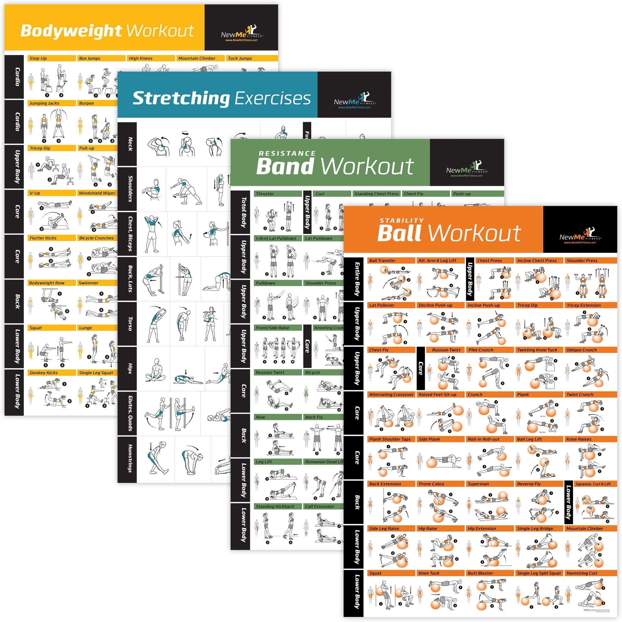 NewMe Fitness 4-Pack Posters Resistance, Stretching, Bodyweight Vol 1, Stability 18 x 27